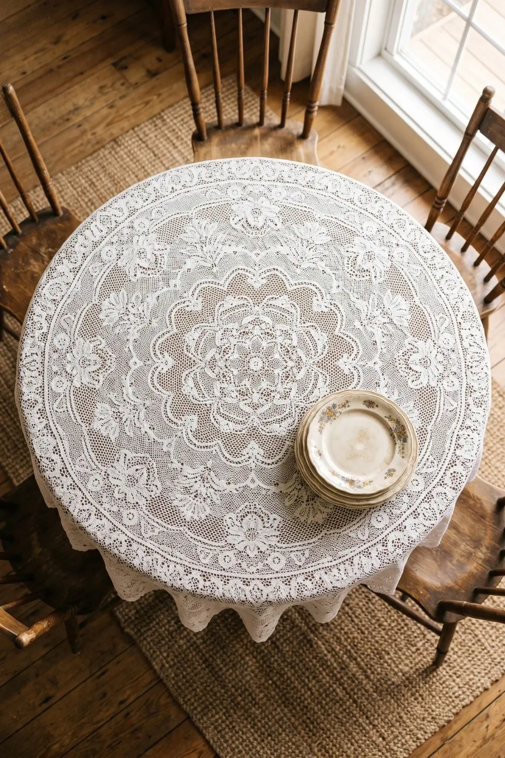 7 Grandmillennial Dining Room Ideas with Lace Table Linens 2 White lace tablecloth draped over a round dining table