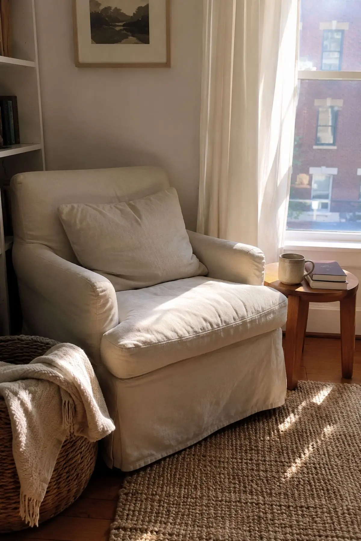 Why Soft, Lived-In Rooms Are Becoming the New Pinterest Luxury 2 Soft lived-in reading corner with linen chair, warm wood table, books and natural light