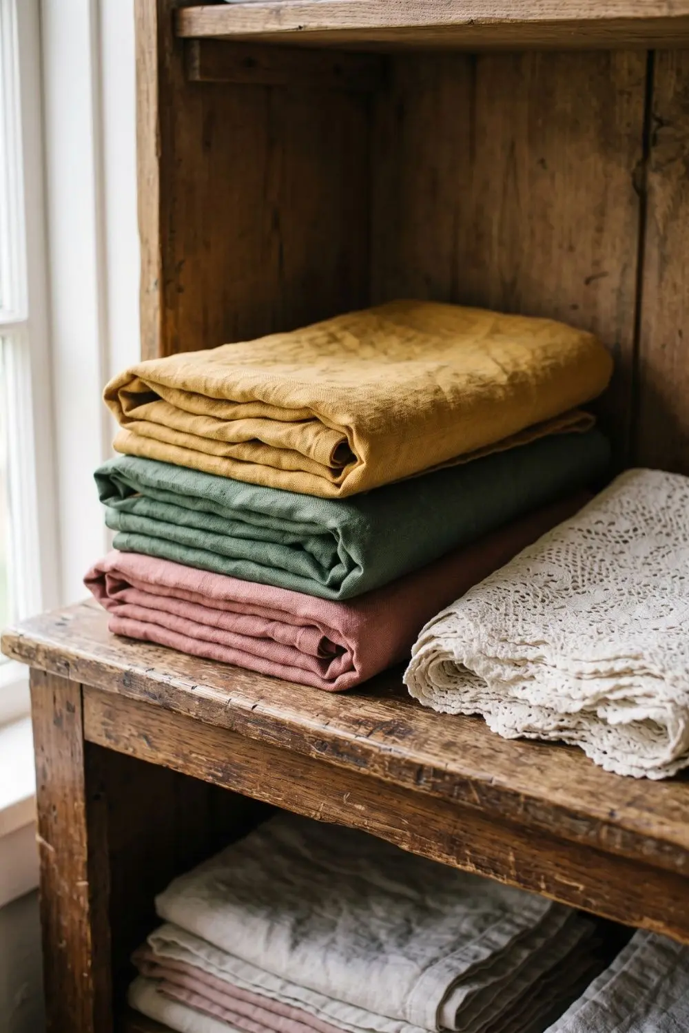 How to Layer Lace Over a Solid Colour: 6 Steps to a Vintage Table 2 Folded dusty rose, sage green and mustard solid tablecloths stacked beside an ivory lace cloth