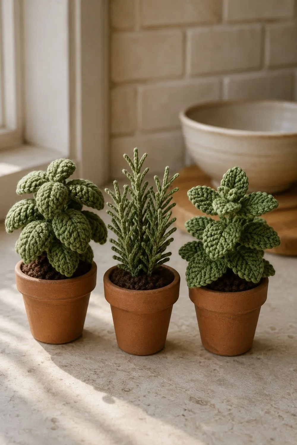 The No-Water Crochet Herb Garden Idea That Makes a Kitchen Counter Feel Fresh 2 Tiny crochet herb pots arranged together on a neutral kitchen counter with soft handmade texture.