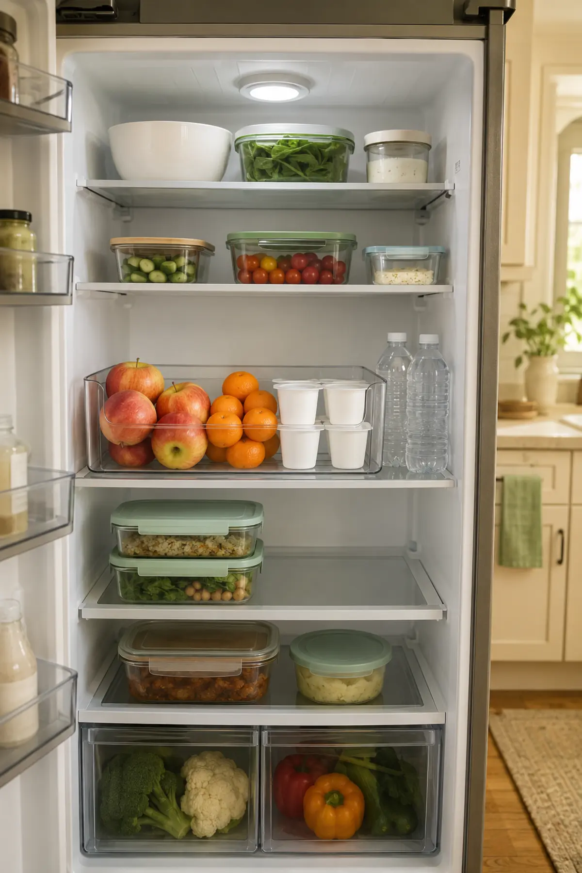 The 15-Minute Summer Kitchen Reset That Makes Back-to-School Mornings Easier 5 Open refrigerator with a central fruit yogurt and water grab zone