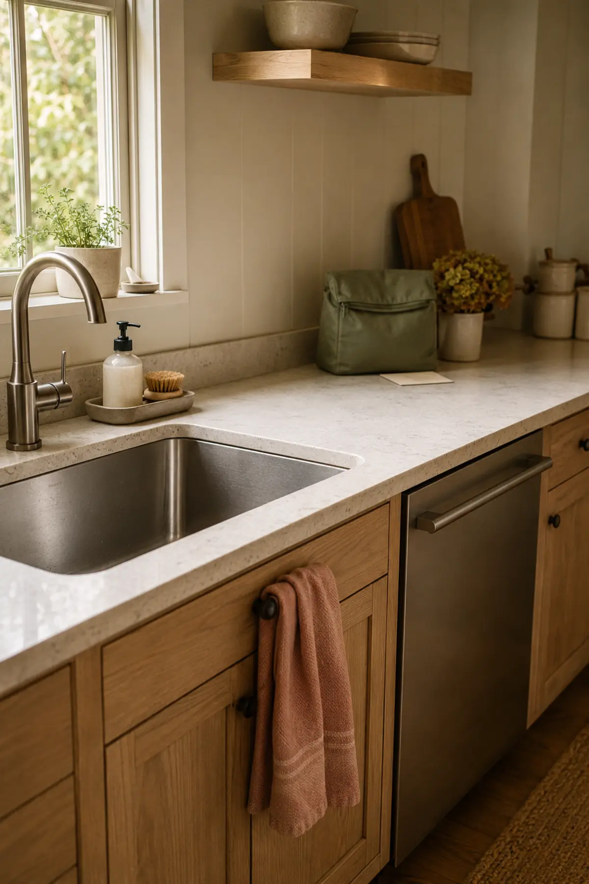 The 15-Minute Summer Kitchen Reset That Makes Back-to-School Mornings Easier 6 Empty kitchen sink and clear counter with a prepared lunch bag nearby