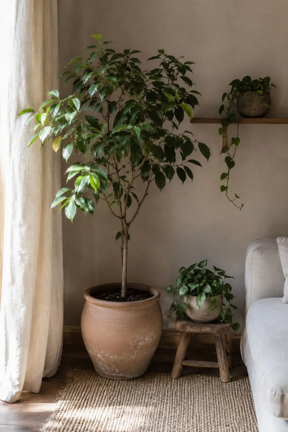 Stop Buying More Plants — Do This 10-Minute Styling Audit First 3 One tall anchor plant styled with smaller plants in a calm living room corner