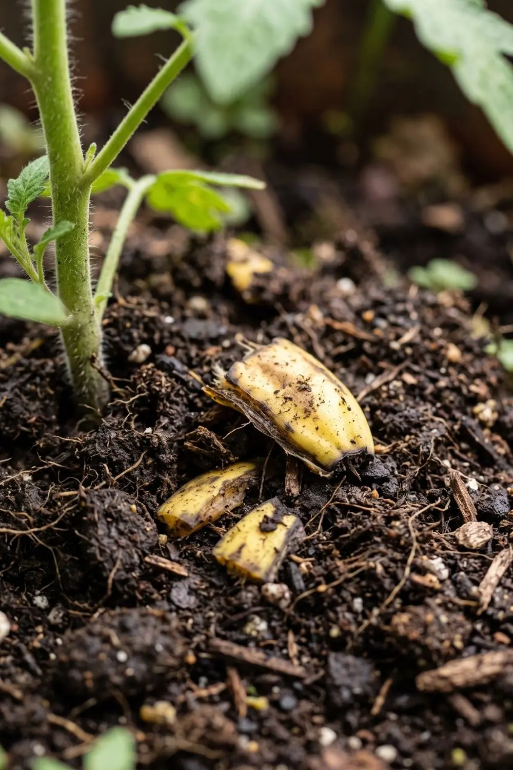 What to Do With Banana Peels: Six Practical Uses Around the Home 3 Small pieces of banana peel visible in dark potting soil near the base of a green garden plant