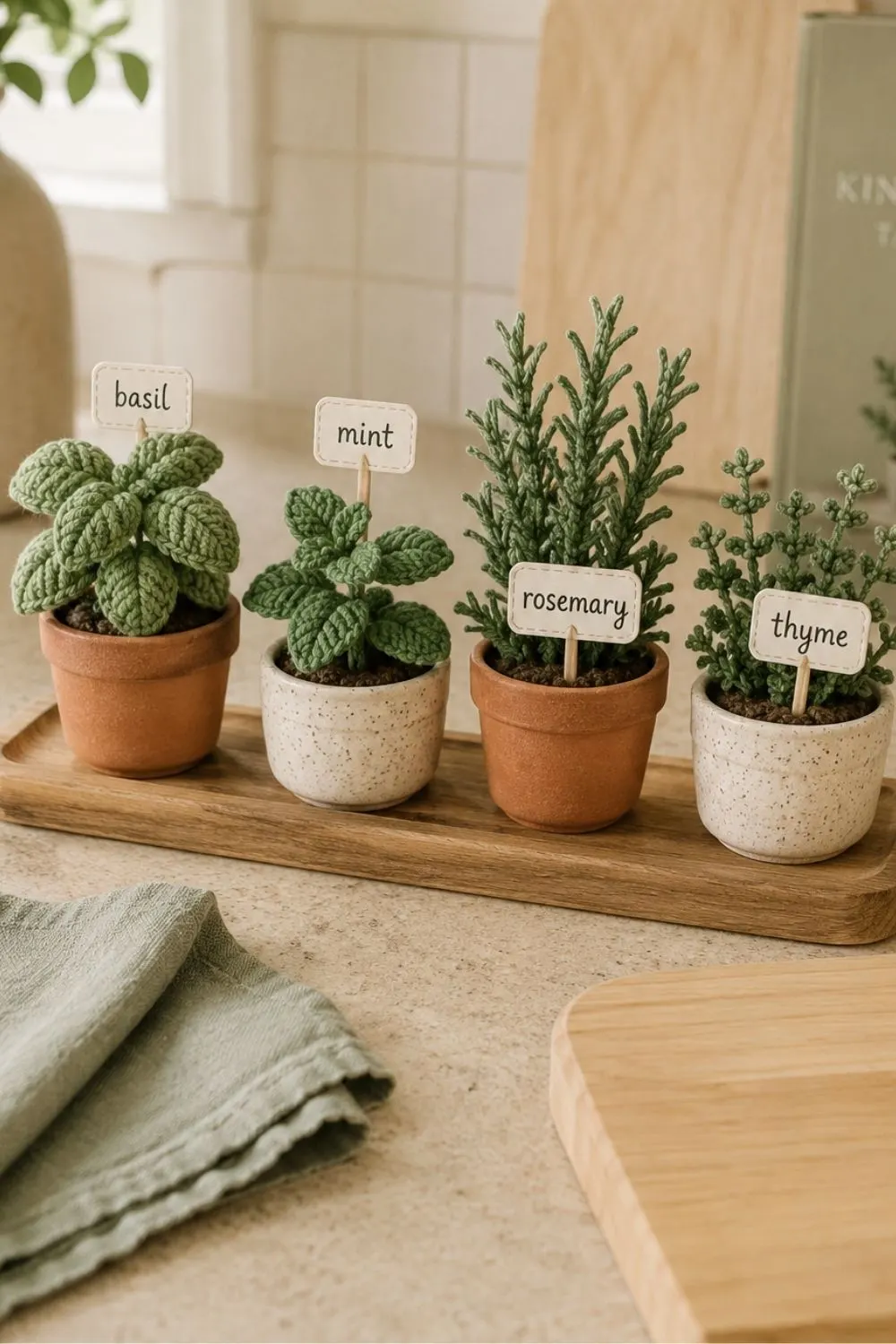 The No-Water Crochet Herb Garden Idea That Makes a Kitchen Counter Feel Fresh 3 A crochet herb garden arranged on a small wooden tray for a polished kitchen counter display.