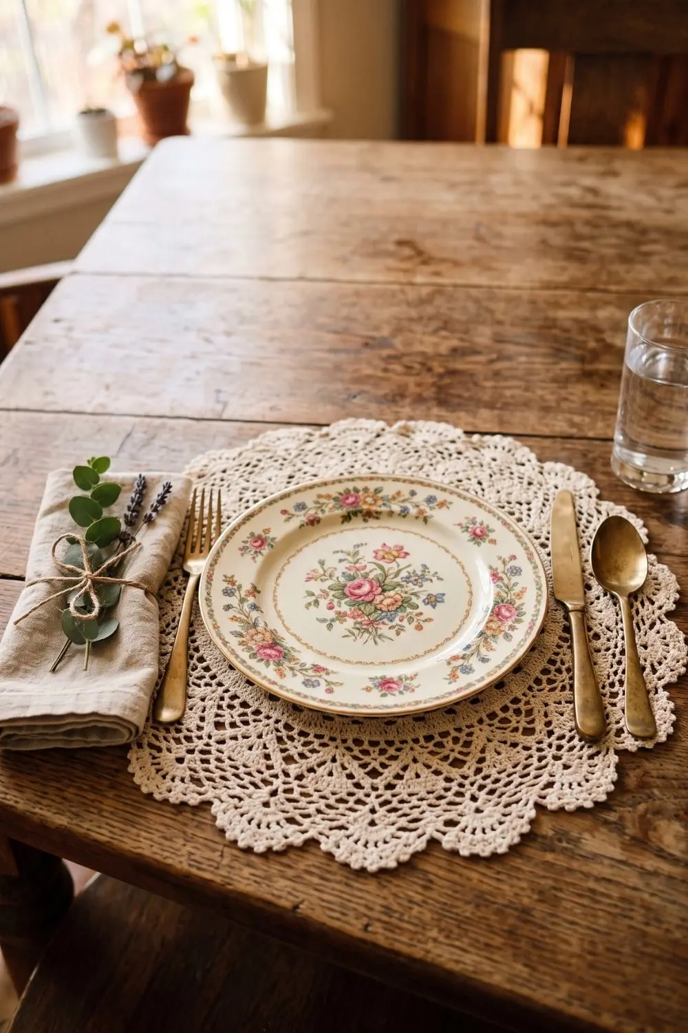 7 Grandmillennial Dining Room Ideas with Lace Table Linens 3 Individual lace placemats with floral china plates on wood table