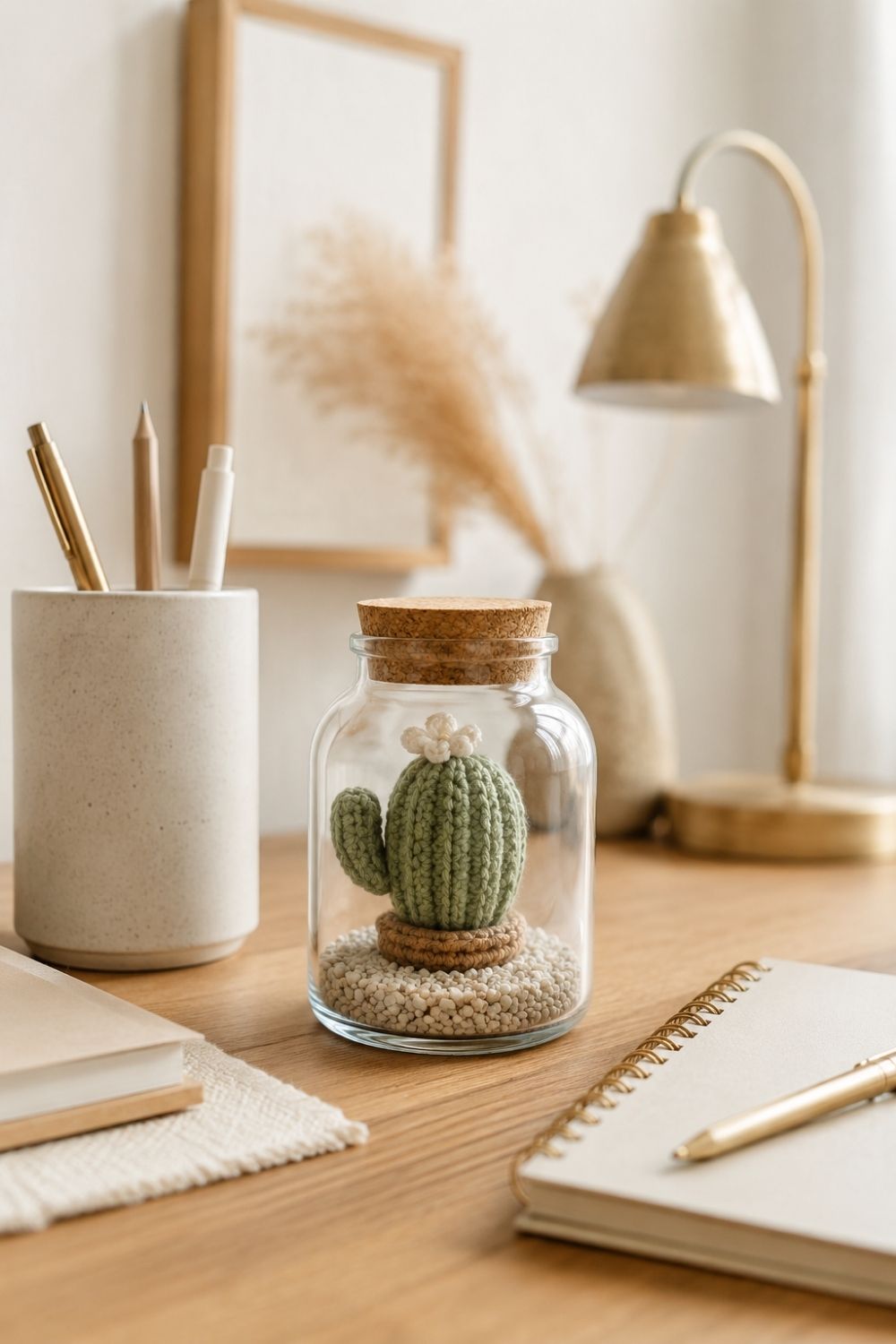 Miniature Crochet Terrariums You’ll Want in Every Room 3 A tiny crochet cactus terrarium styled on a clean home office desk.