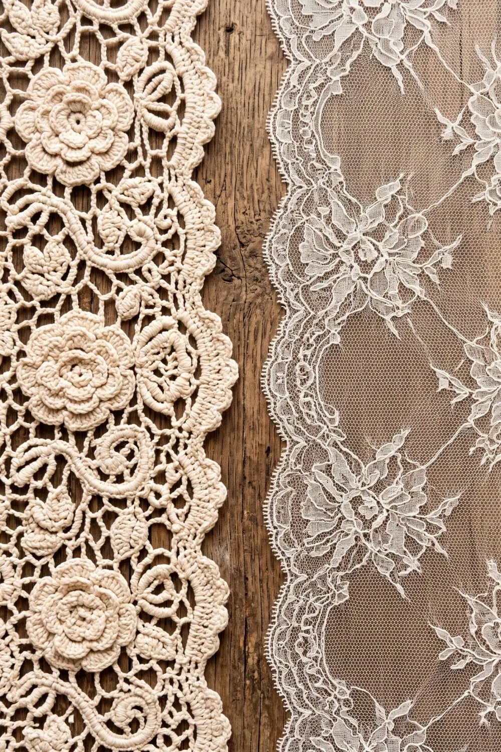 How to Layer Lace Over a Solid Colour: 6 Steps to a Vintage Table 3 Flat lay comparing chunky crochet-style floral lace with fine sheer modern lace on a wooden surface