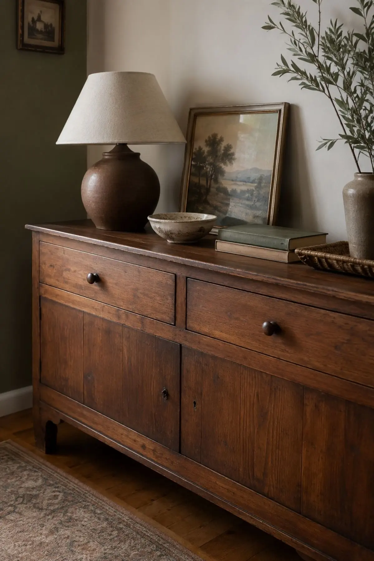 Why Soft, Lived-In Rooms Are Becoming the New Pinterest Luxury 3 Warm brown wood sideboard styled with linen lamp, books, ceramic bowl and framed print