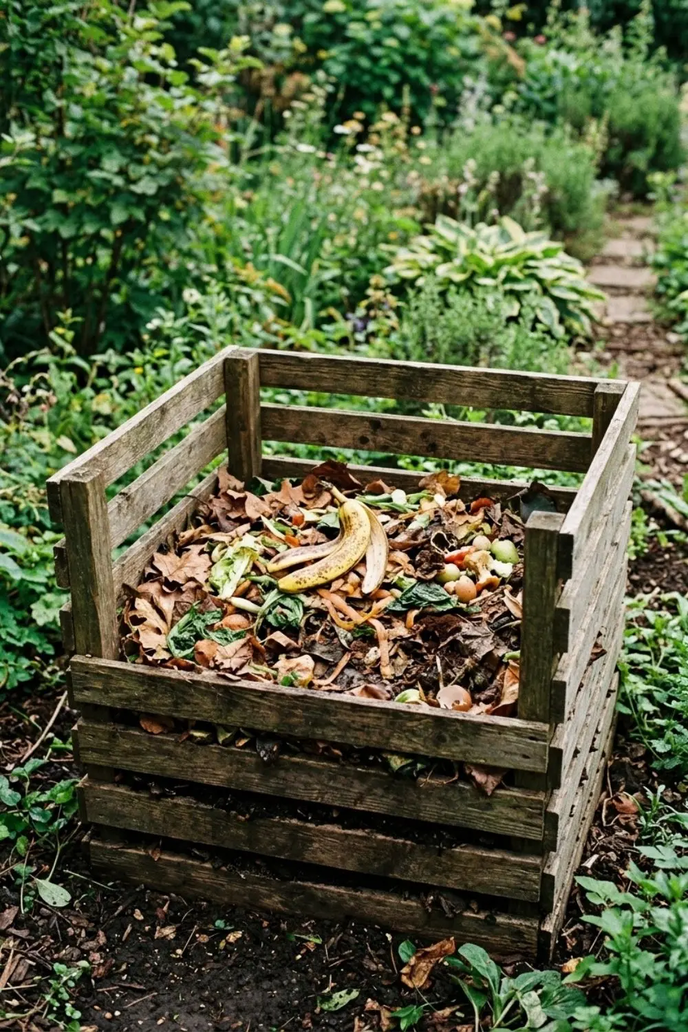 What to Do With Banana Peels: Six Practical Uses Around the Home 4 A banana peel placed on top of vegetable scraps and leaves in an open garden compost bin