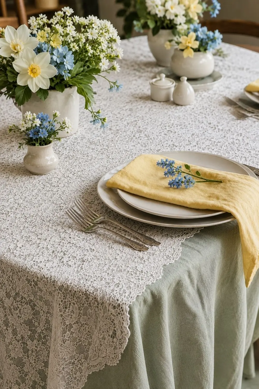 Lace Tablecloths Are Back—But the Fresh Spring Table Trick Is the Layer Underneath 4 Spring lace table setting with butter yellow napkins, sage layer, fresh flowers, and simple ceramic plates