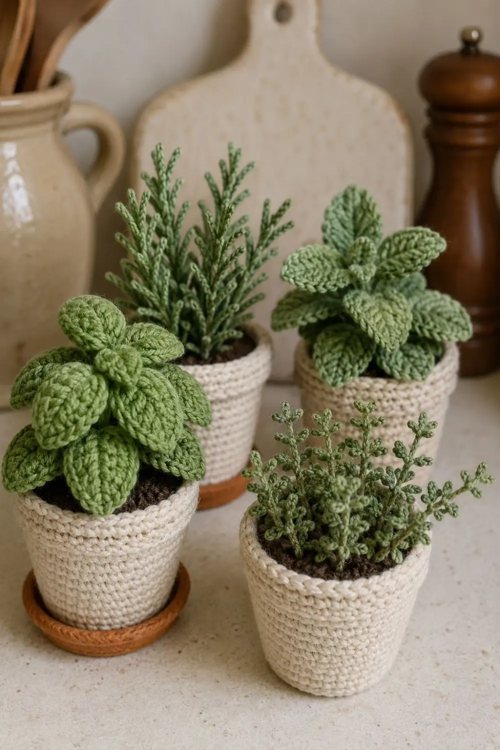 The No-Water Crochet Herb Garden Idea That Makes a Kitchen Counter Feel Fresh 4 Close-up details of crochet basil, rosemary, mint, and thyme made with soft green yarn.