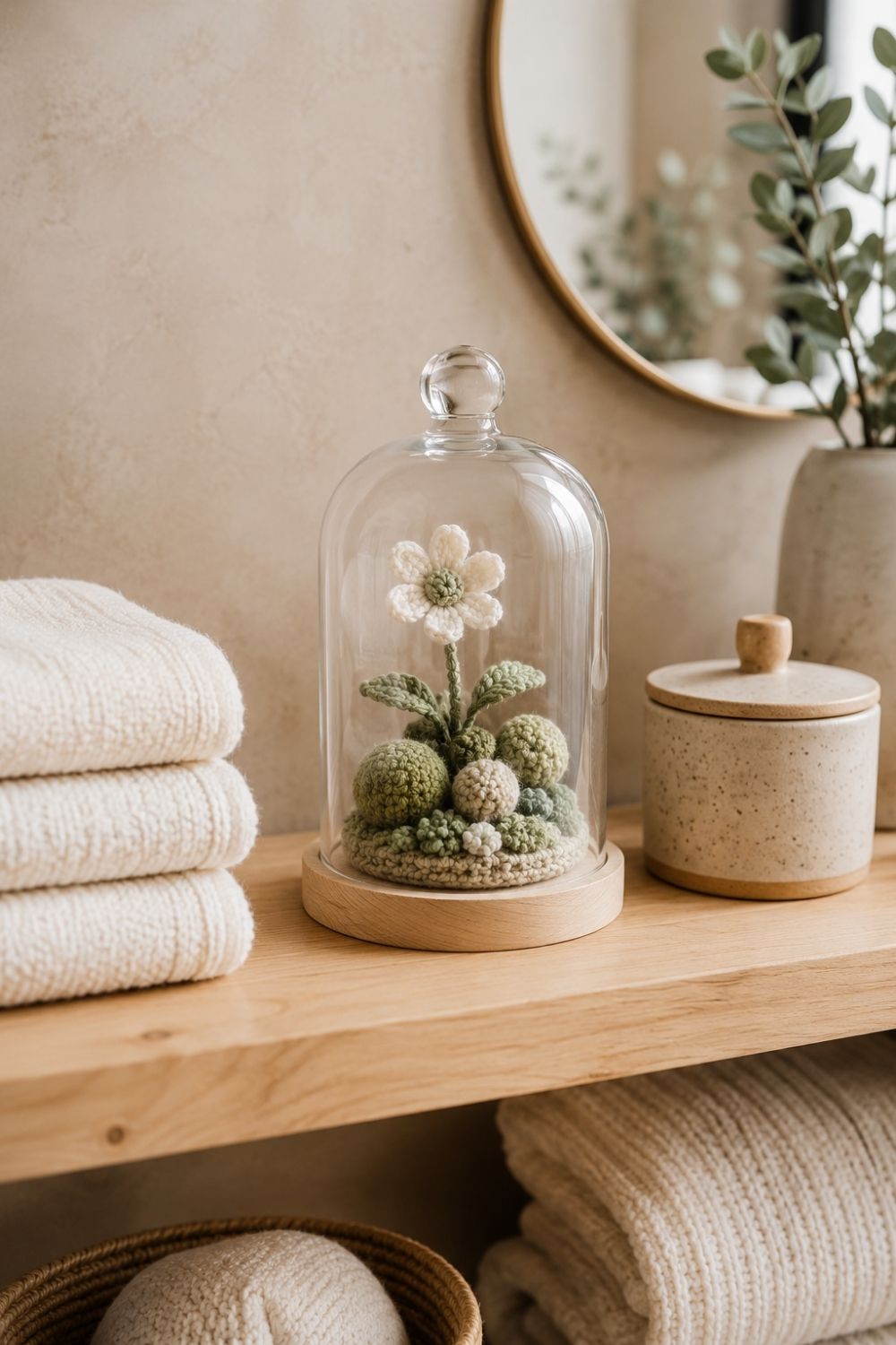 Miniature Crochet Terrariums You’ll Want in Every Room 4 Crochet moss and flower terrarium on a bathroom shelf with towels and simple ceramics.