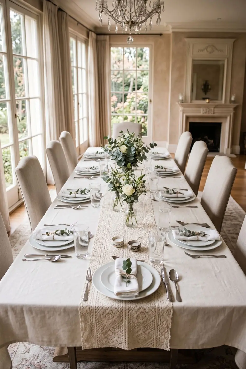 7 Grandmillennial Dining Room Ideas with Lace Table Linens 4 Cream lace table runner over ivory tablecloth on a formal dining table
