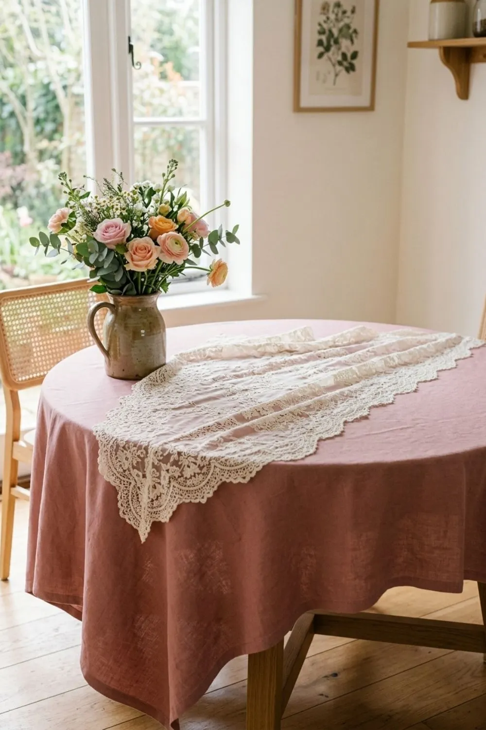 How to Layer Lace Over a Solid Colour: 6 Steps to a Vintage Table 4 Ivory lace tablecloth being spread over a smooth dusty rose solid tablecloth on a dining table