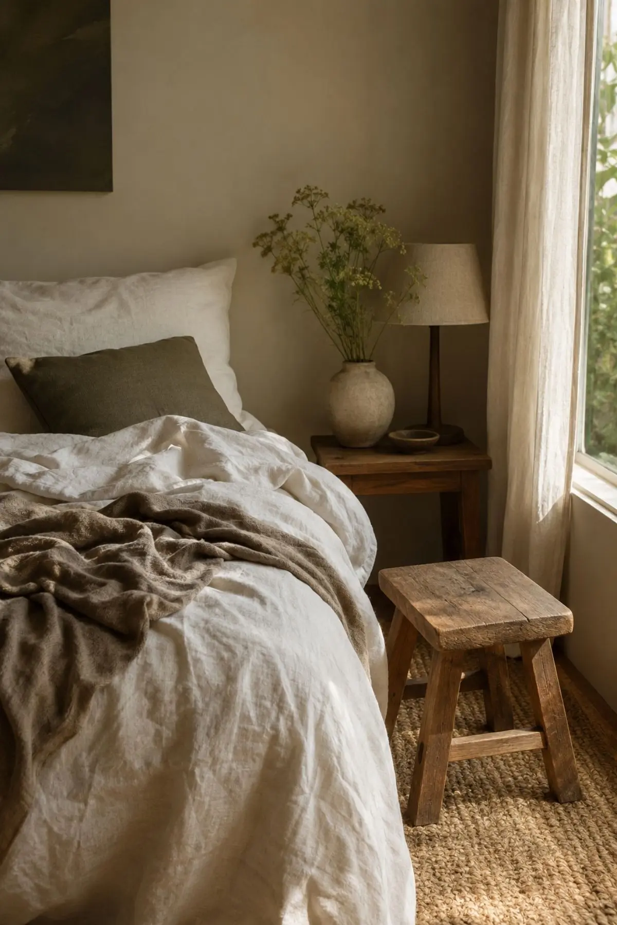 Why Soft, Lived-In Rooms Are Becoming the New Pinterest Luxury 4 Soft lived-in bedroom with rumpled linen bedding, warm neutrals, wood stool and woven rug