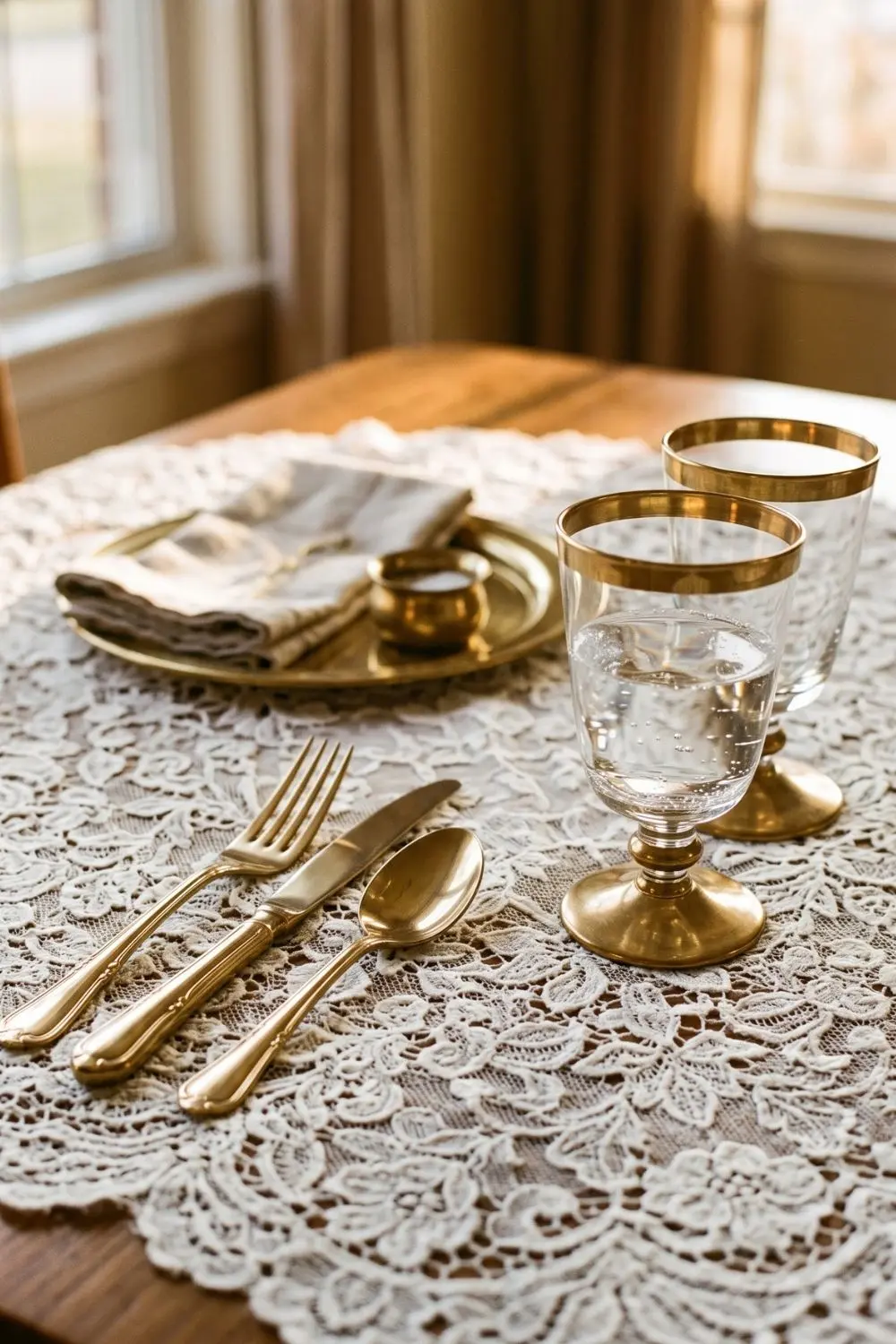 7 Grandmillennial Dining Room Ideas with Lace Table Linens 5 Brass flatware and glassware on white lace tablecloth