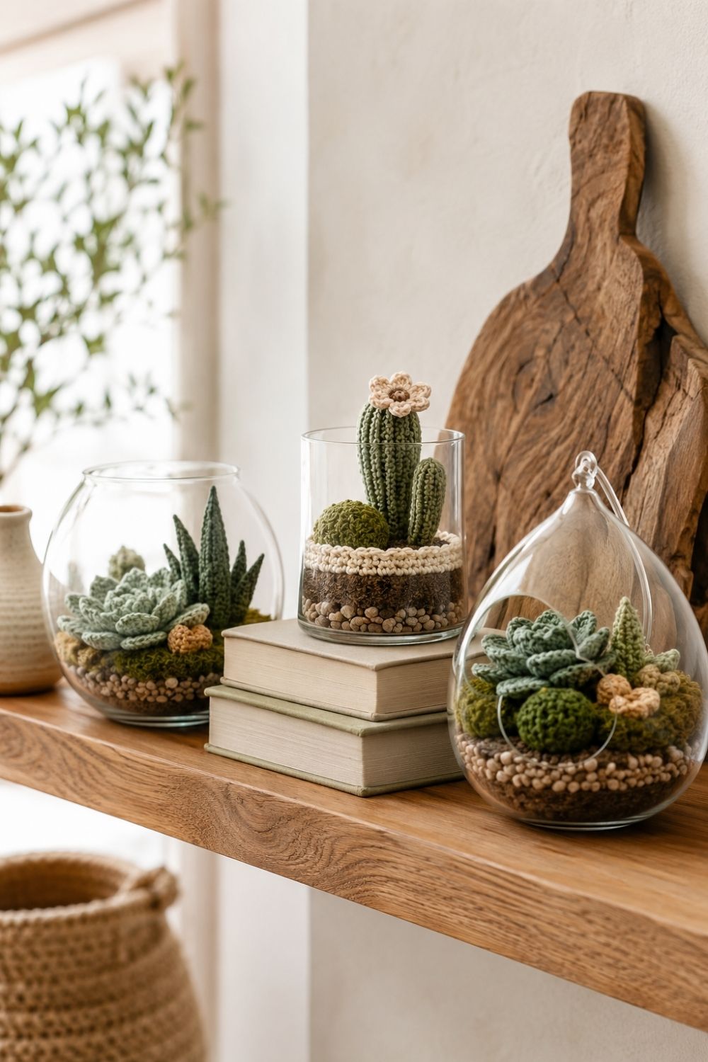 Miniature Crochet Terrariums You’ll Want in Every Room 5 A group of miniature crochet terrariums arranged on a floating shelf with books and ceramics.