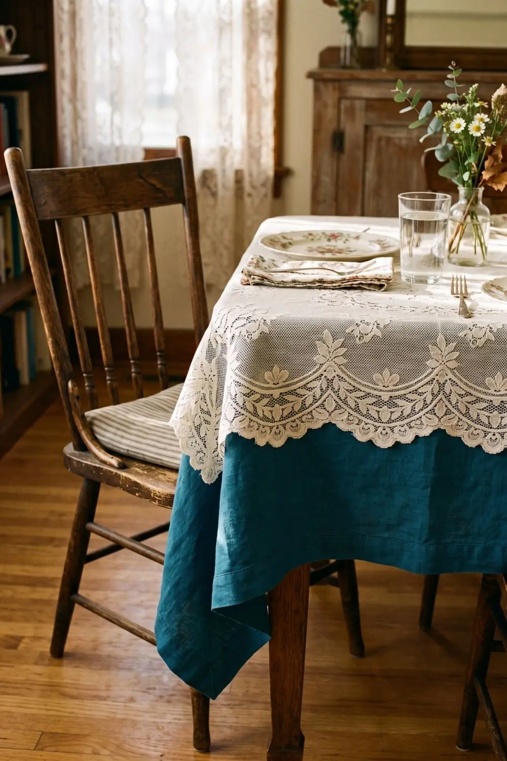 How to Layer Lace Over a Solid Colour: 6 Steps to a Vintage Table 5 Table corner showing a deep teal solid tablecloth hanging lower than the ivory lace overlay above it