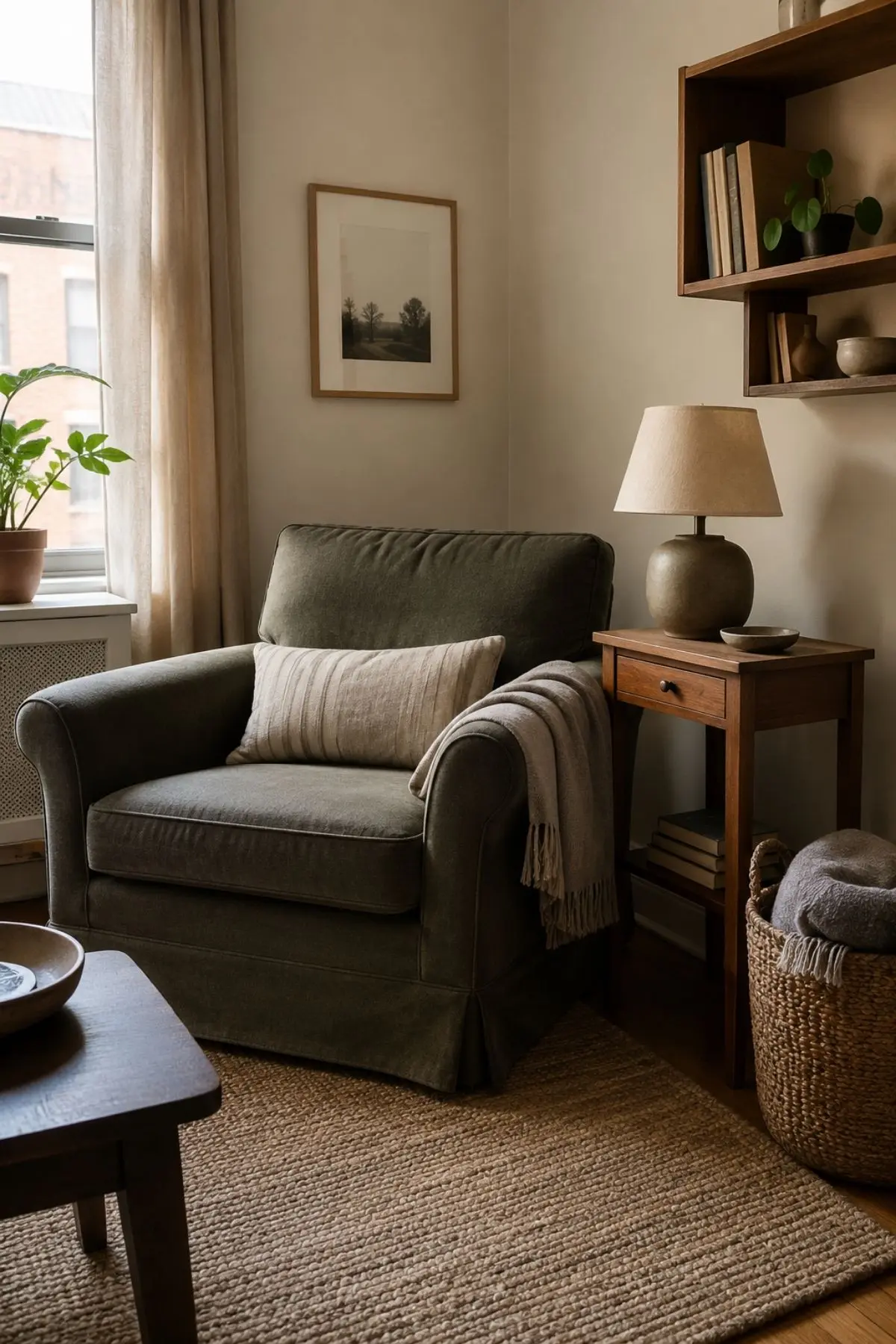 Why Soft, Lived-In Rooms Are Becoming the New Pinterest Luxury 6 Small apartment corner with cosy chair, basket, lamp, books and soft lived-in decor