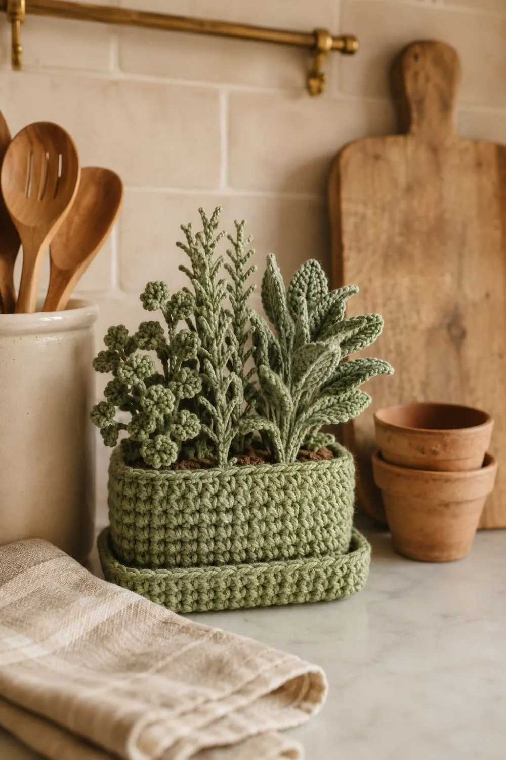 The No-Water Crochet Herb Garden Idea That Makes a Kitchen Counter Feel Fresh 5 A warm kitchen counter styled with a crochet herb garden, ceramic accents, linen and wood.