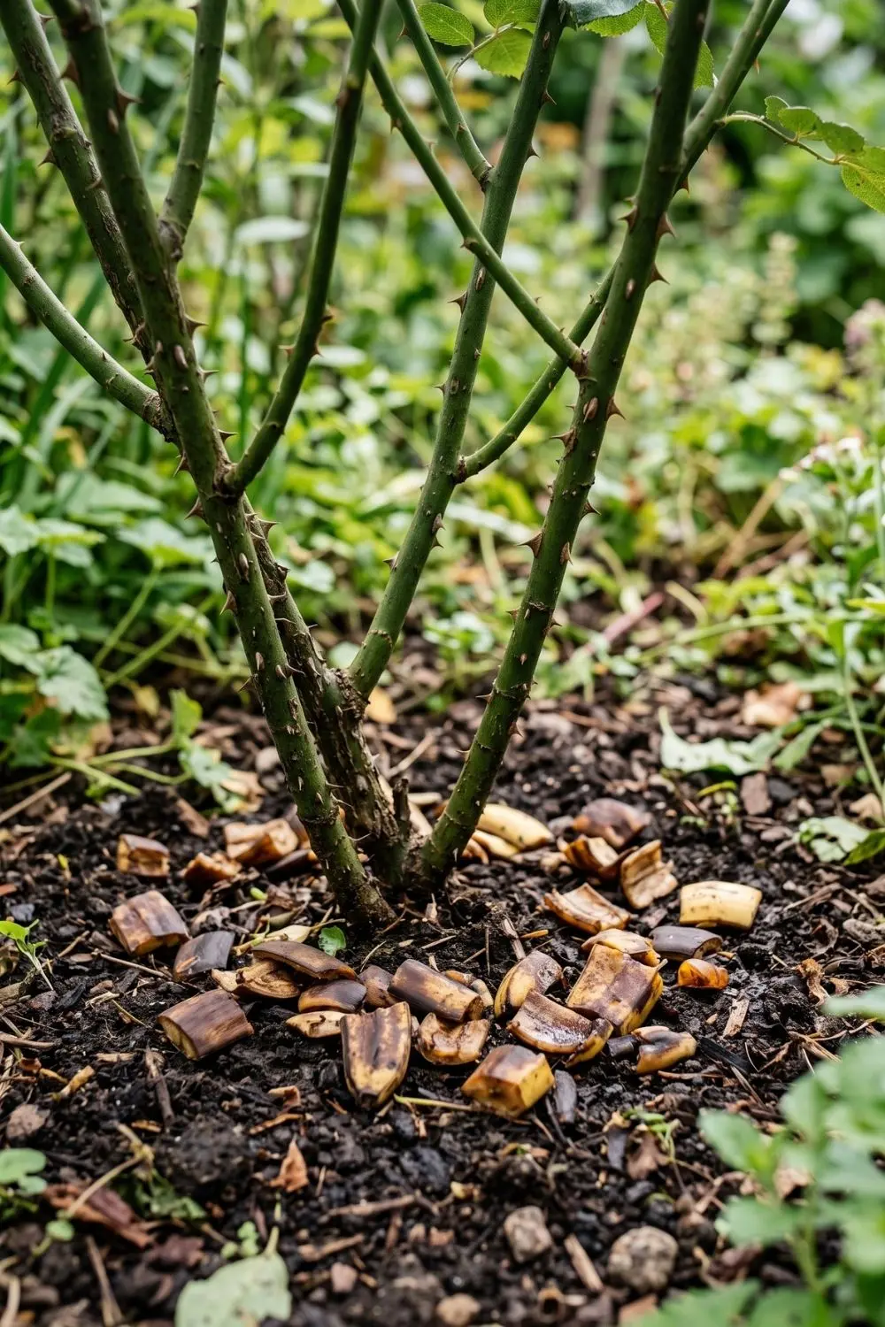 What to Do With Banana Peels: Six Practical Uses Around the Home 6 Chopped banana peel pieces scattered around the soil at the base of a rose bush in a garden bed