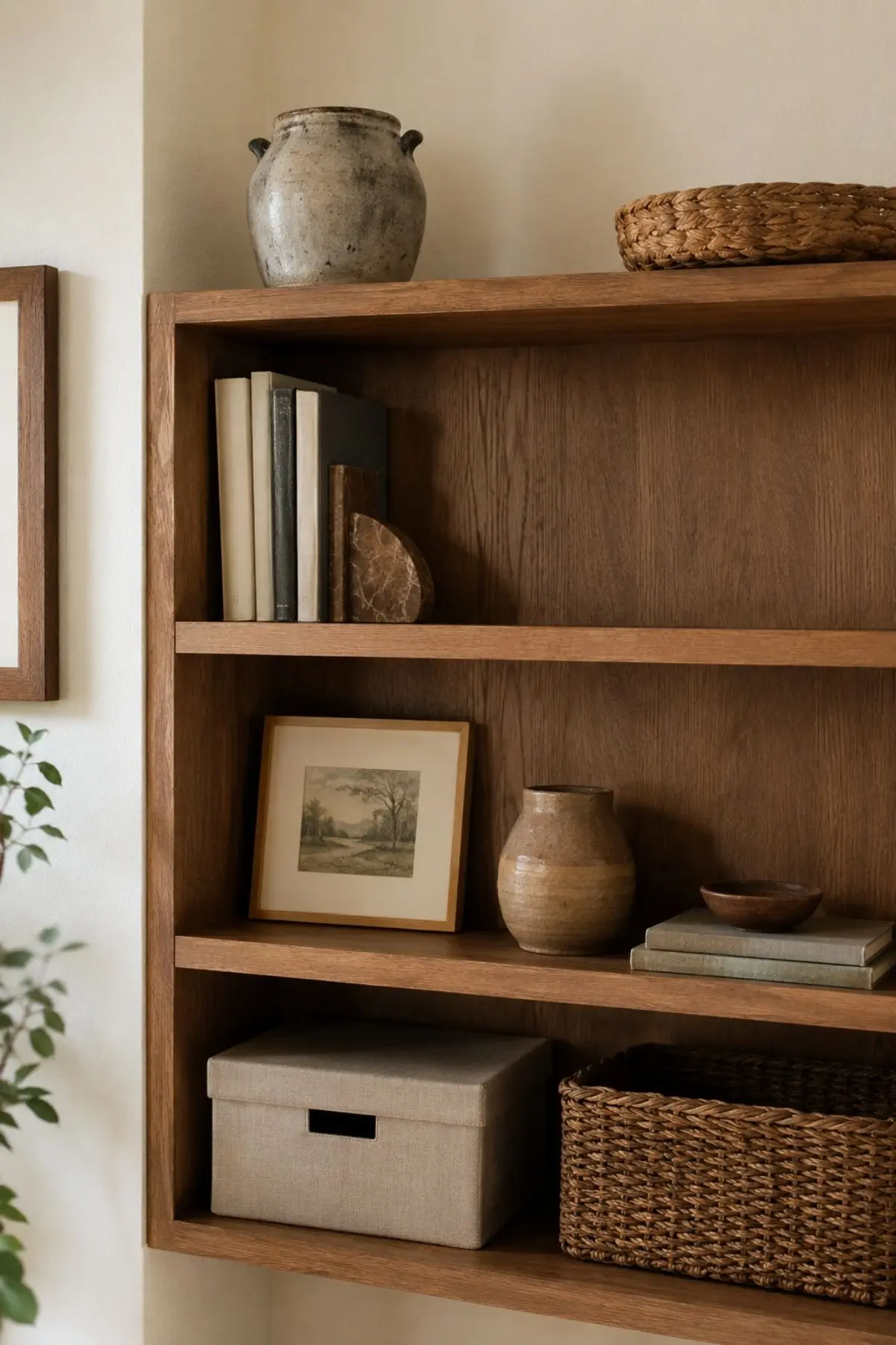 Why Soft, Lived-In Rooms Are Becoming the New Pinterest Luxury 5 Collected shelf with books, ceramics, woven basket and warm neutral lived-in styling