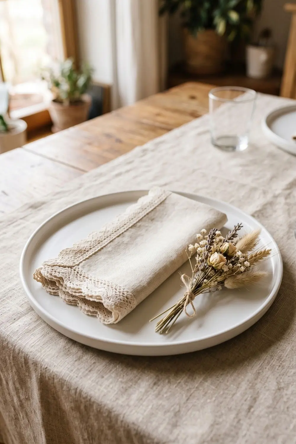 7 Grandmillennial Dining Room Ideas with Lace Table Linens 6 Lace-edged linen napkin on modern white dinner plate