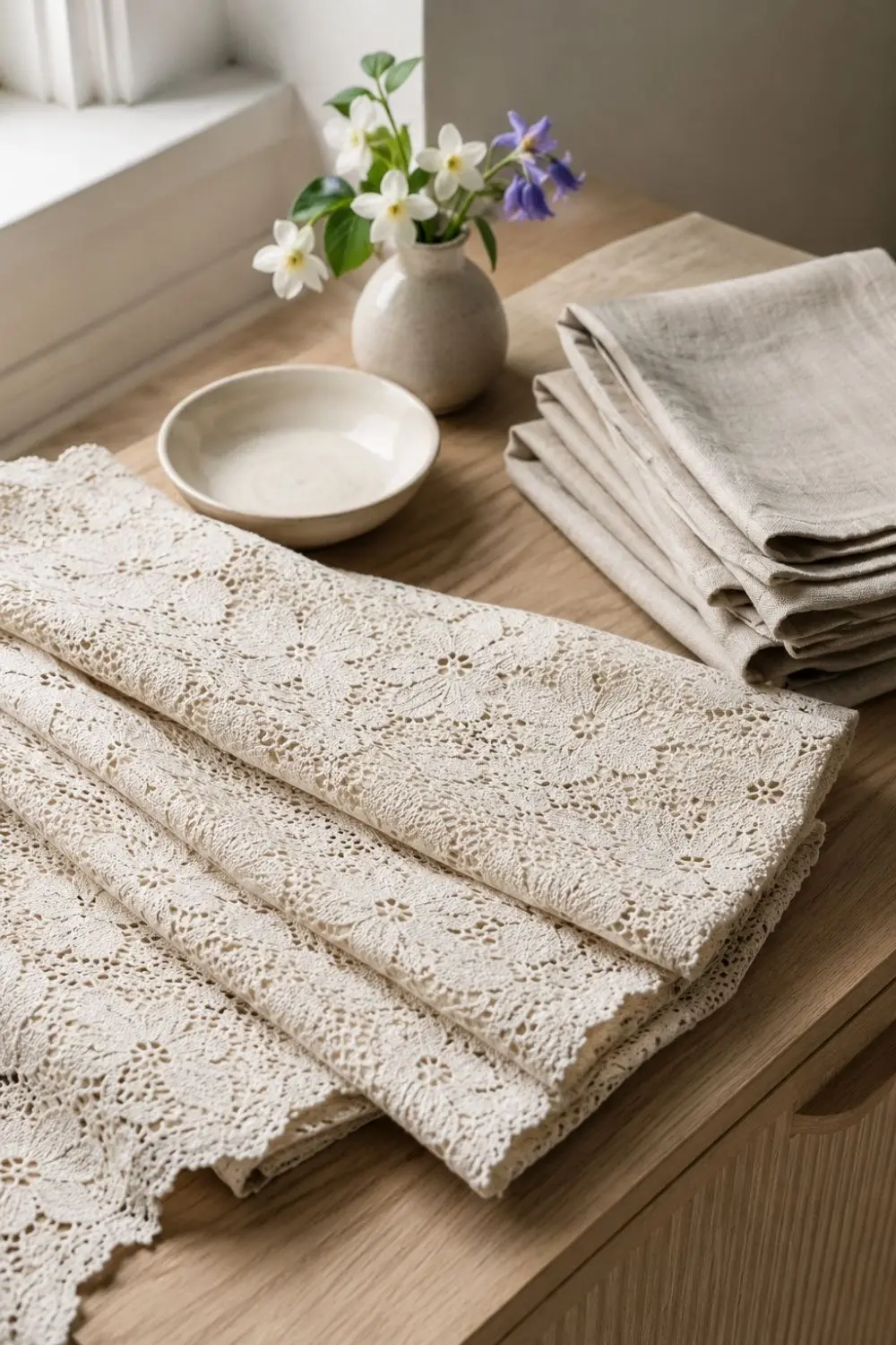 Lace Tablecloths Are Back—But the Fresh Spring Table Trick Is the Layer Underneath 6 Ivory lace tablecloth gently folded beside linen napkins and small spring flowers after a meal