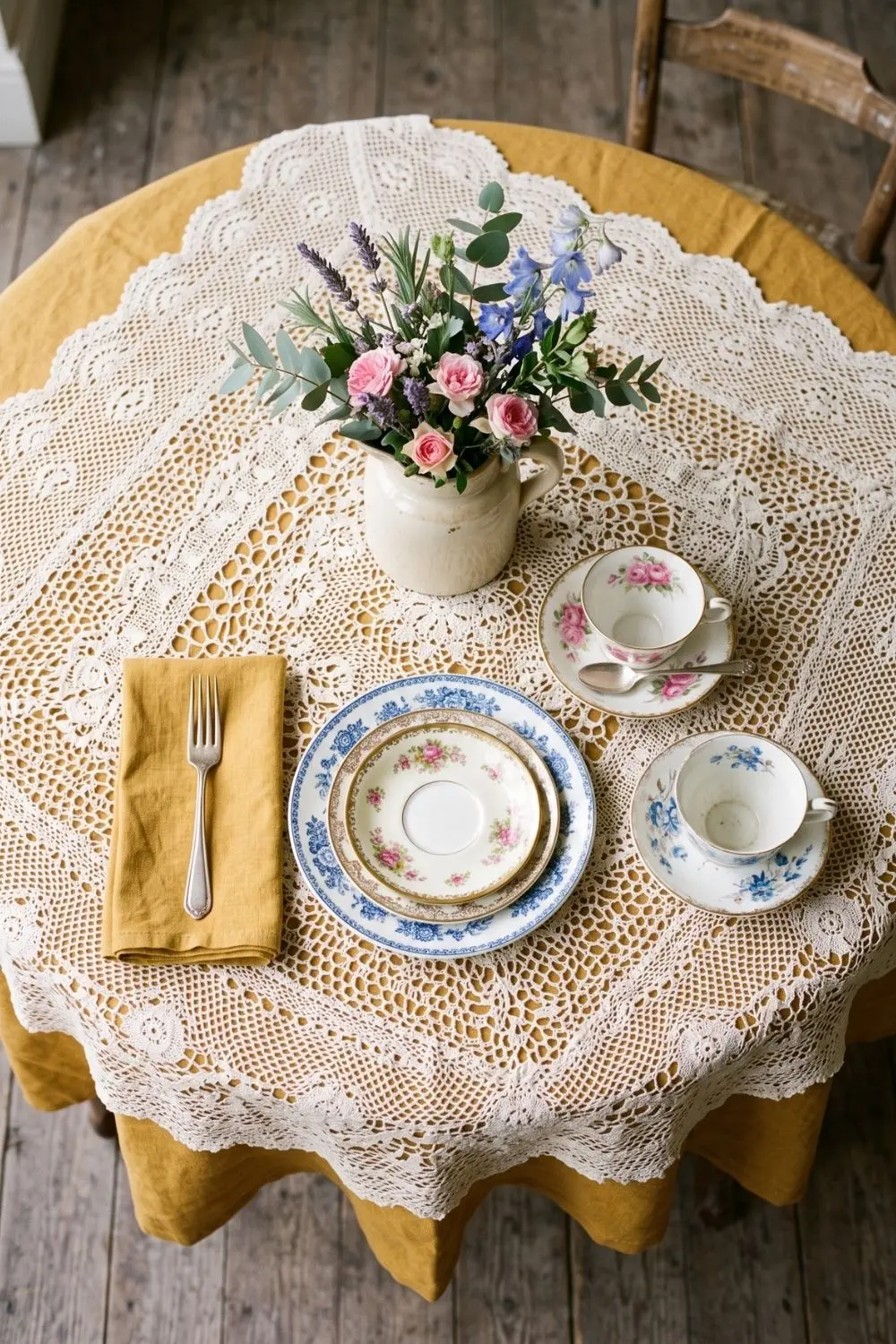 How to Layer Lace Over a Solid Colour: 6 Steps to a Vintage Table 6 Overhead view of vintage teacups and mismatched plates on ivory lace layered over a mustard tablecloth