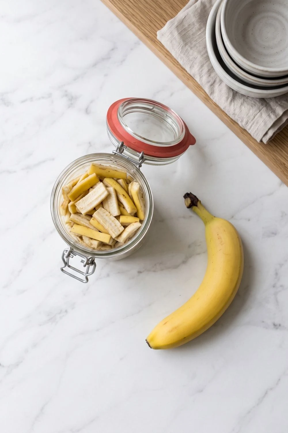 What to Do With Banana Peels: Six Practical Uses Around the Home 7 Small glass airtight jar filled with chopped banana peel strips placed on a white kitchen surface beside a whole banana