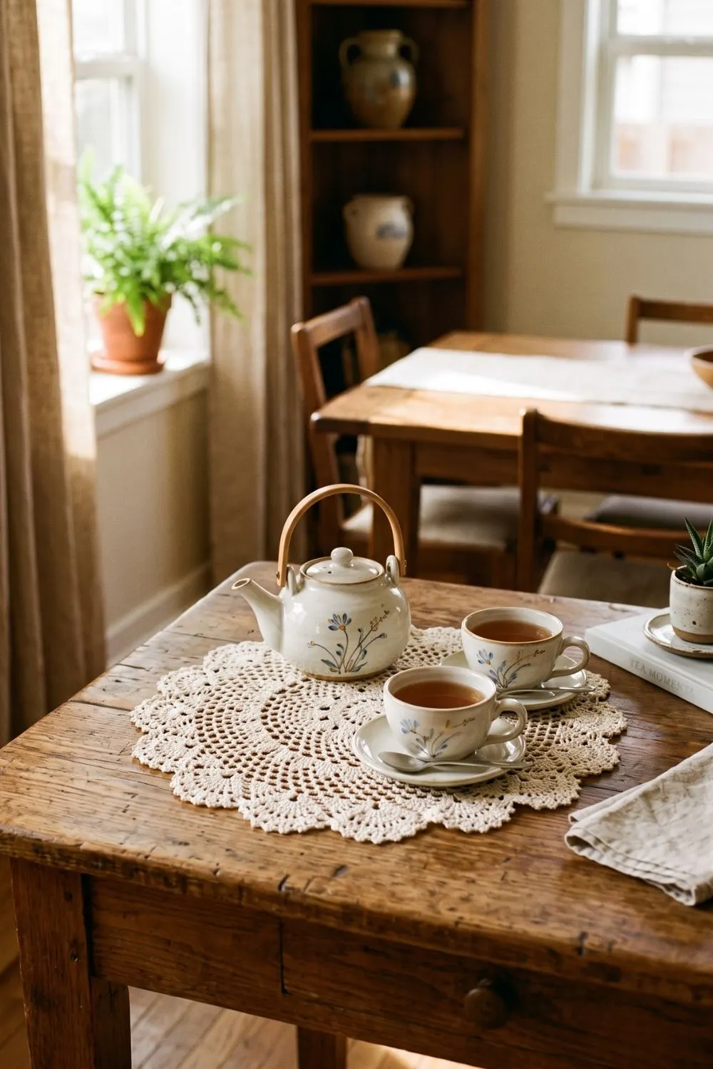 7 Grandmillennial Dining Room Ideas with Lace Table Linens 7 Small crochet doily under teapot and cups on side table