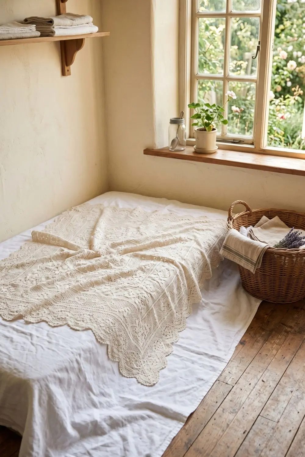 How to Layer Lace Over a Solid Colour: 6 Steps to a Vintage Table 7 Freshly washed ivory lace tablecloth laid flat to dry near a sunny window