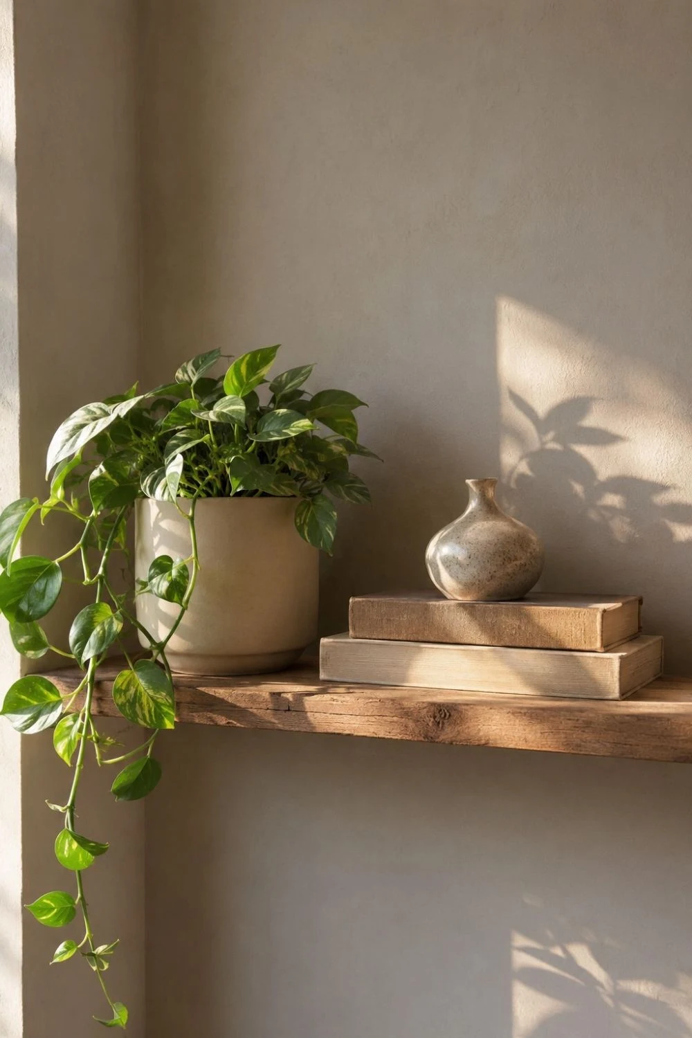 Stop Buying More Plants — Do This 10-Minute Styling Audit First 7 Minimal plant shelf with one trailing plant, neutral books, ceramic decor, and empty space