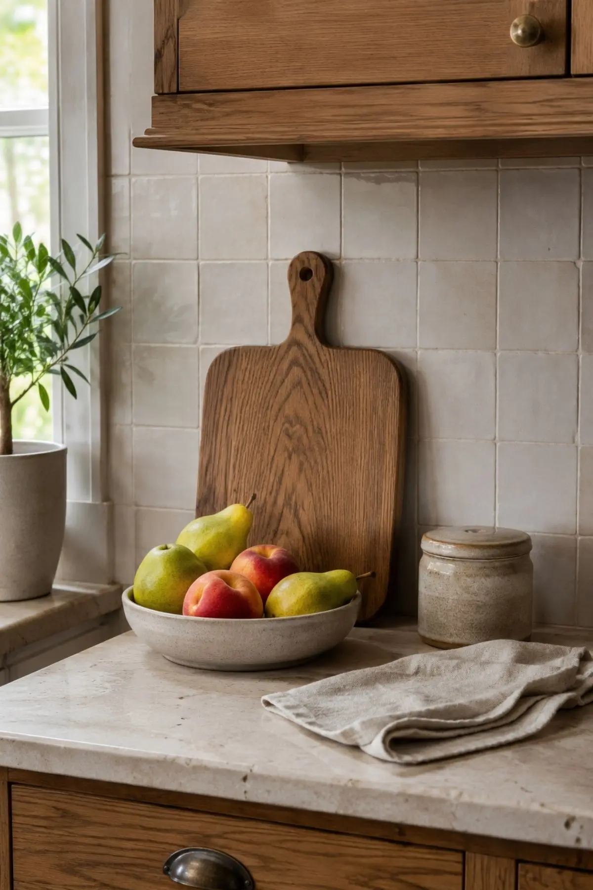 Why Soft, Lived-In Rooms Are Becoming the New Pinterest Luxury 7 Warm kitchen counter with wood board, ceramic bowl, linen cloth and soft lived-in styling
