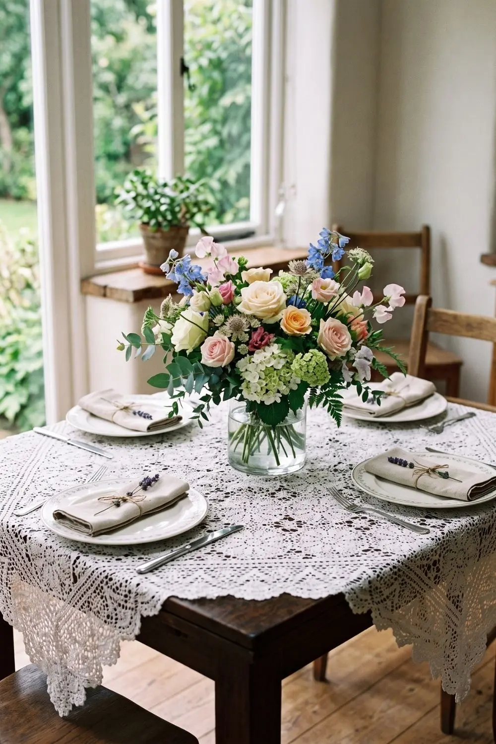 7 Grandmillennial Dining Room Ideas with Lace Table Linens 8 Lace tablecloth with seasonal flower centerpiece in glass vase