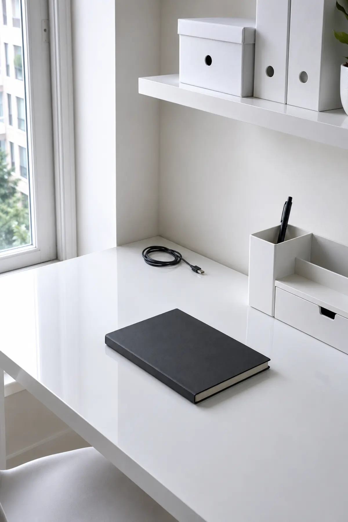 Bright all-white study desk showing a hard patch of window reflection on the glossy surface