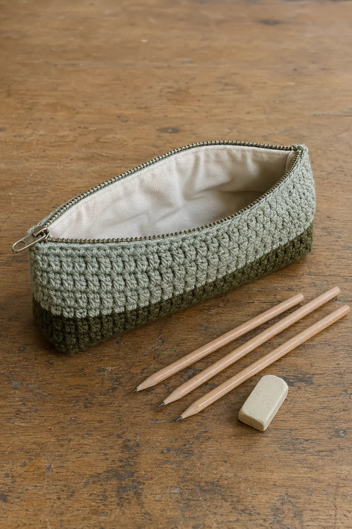 The Crochet Pencil Case Is Back—6 Styles That Are Actually Practical 3 Sage crochet pencil case with flat olive base, zipper and fitted cream lining