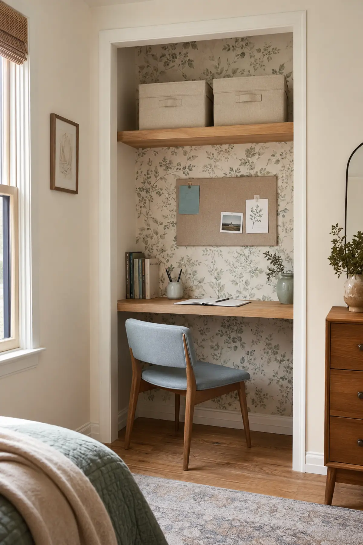 Tiny Study Corners Are Taking Over Pinterest—7 Desk Nook Ideas for Small Homes 2 Shallow closet converted into a study nook with botanical wallpaper, wood desk and compact blue chair