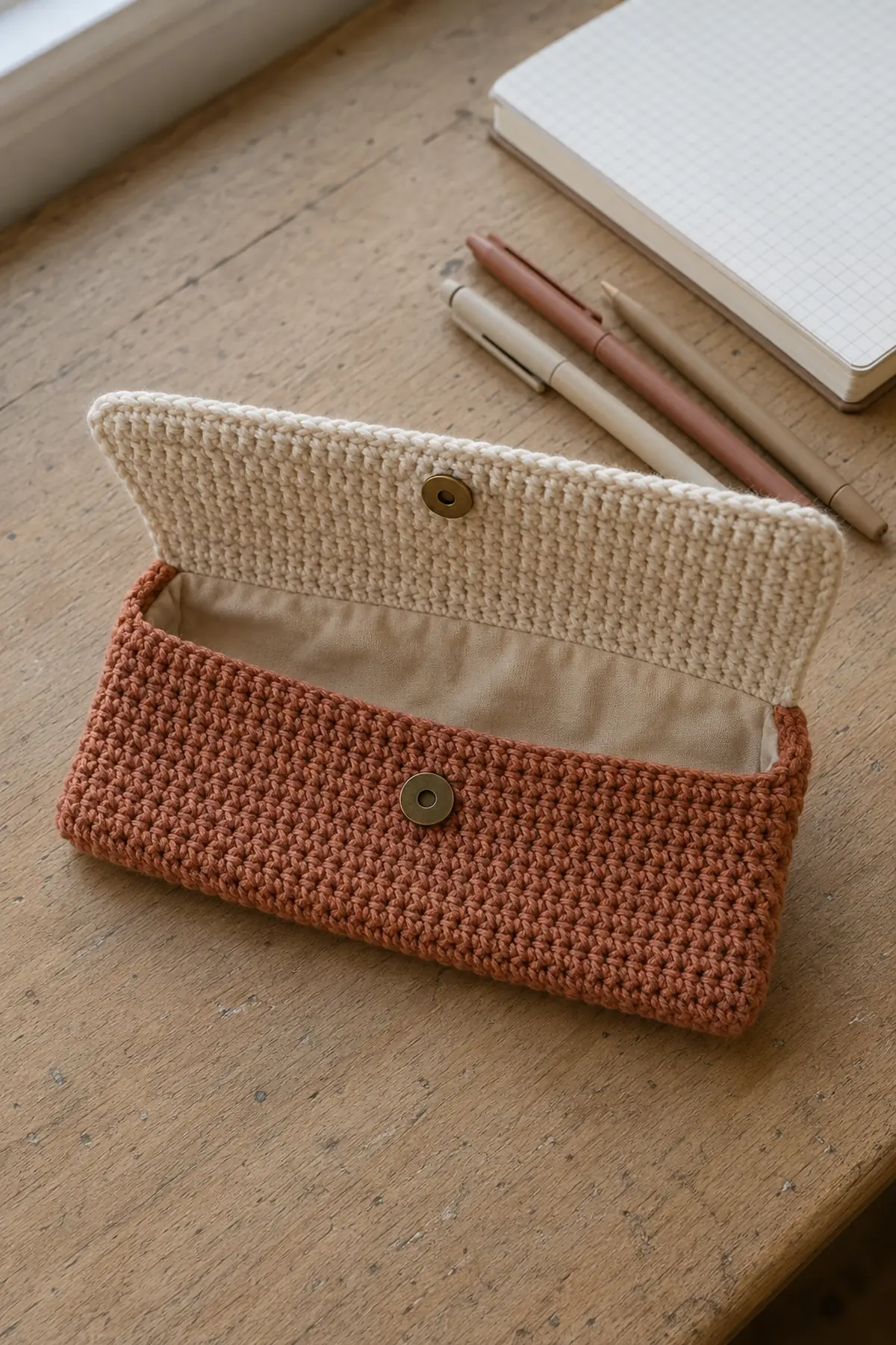 The Crochet Pencil Case Is Back—6 Styles That Are Actually Practical 4 Terracotta and cream crochet envelope pencil case with aligned magnetic snap closure