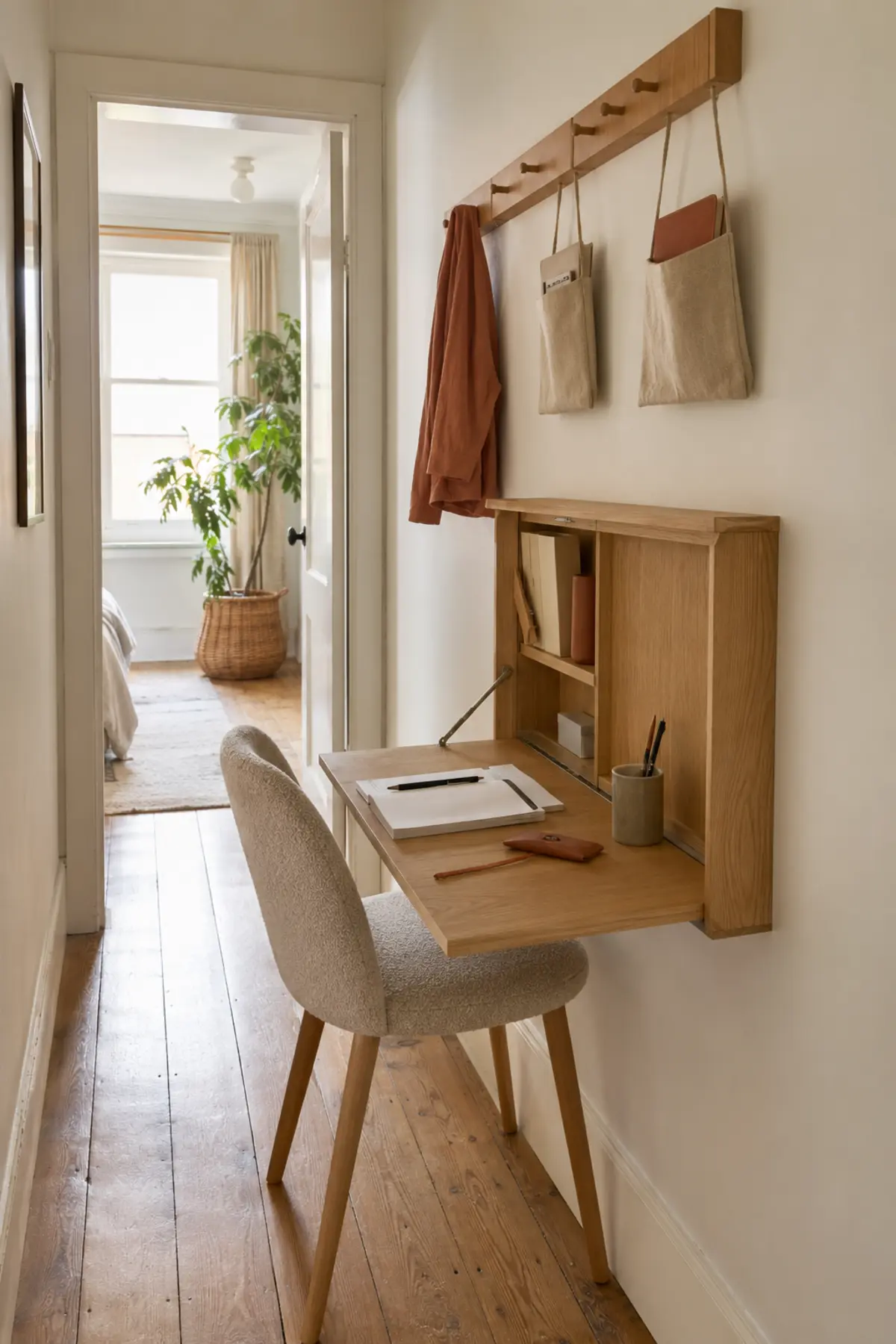Tiny Study Corners Are Taking Over Pinterest—7 Desk Nook Ideas for Small Homes 5 Narrow hallway with an open wall-mounted fold-down desk, compact chair and fabric storage pockets