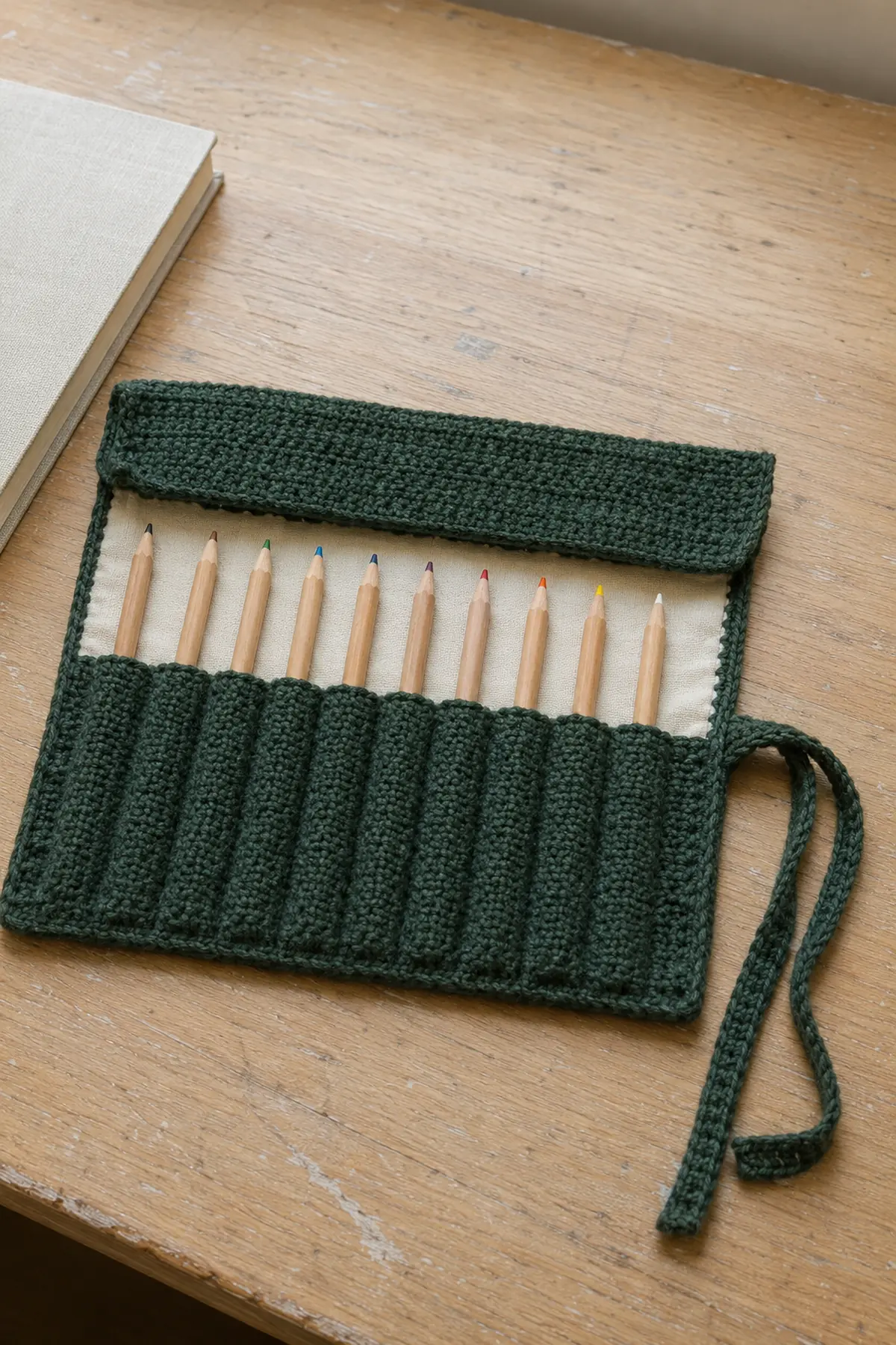 The Crochet Pencil Case Is Back—6 Styles That Are Actually Practical 7 Open forest green crochet pencil roll with ten channels, ten pencils, protective flap and side tie