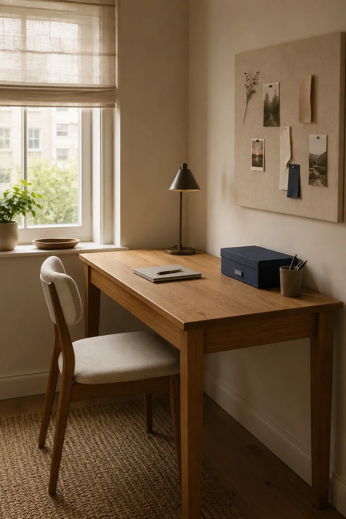Matte oak desk positioned away from direct glare with a deep blue storage box and natural textures