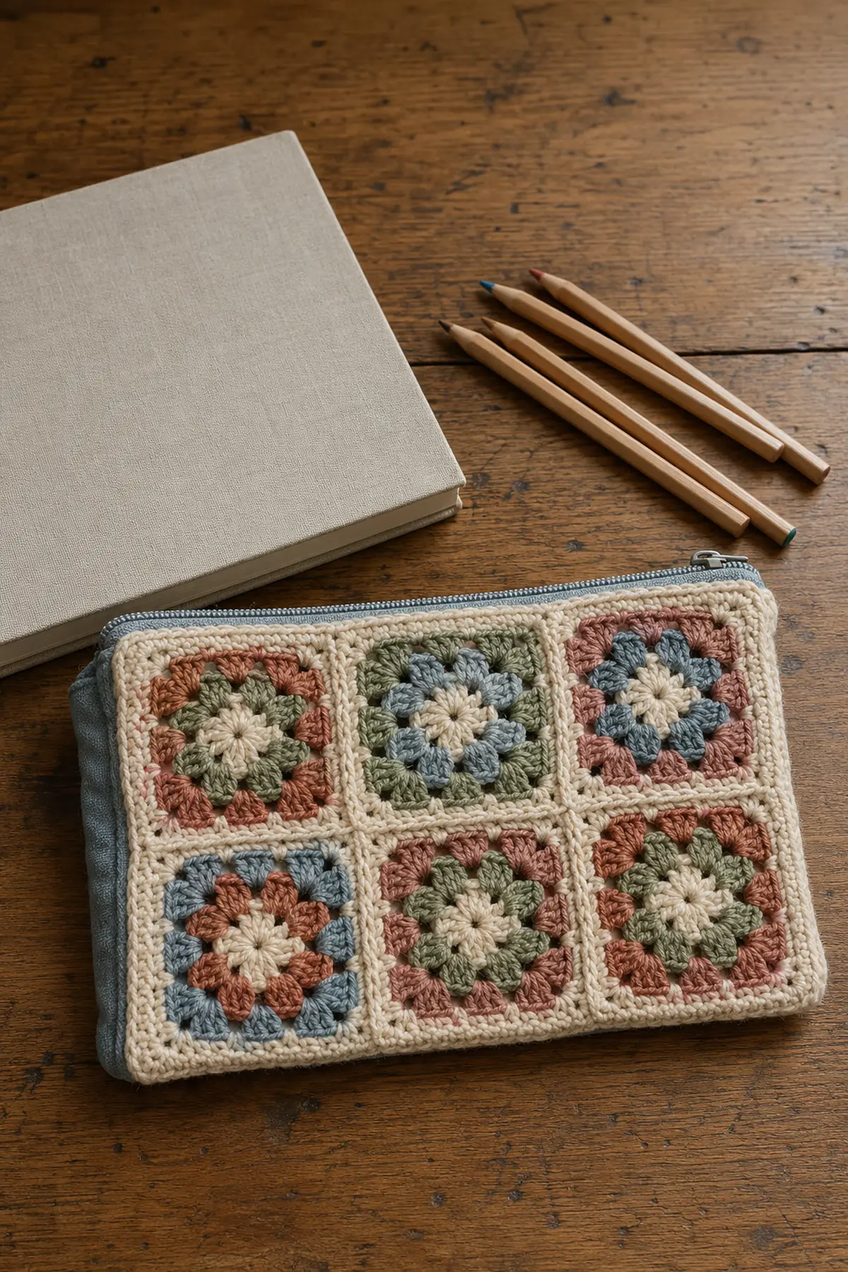 The Crochet Pencil Case Is Back—6 Styles That Are Actually Practical 6 Six-motif granny-square crochet pencil case in muted cream, sage, blue, rust and rose