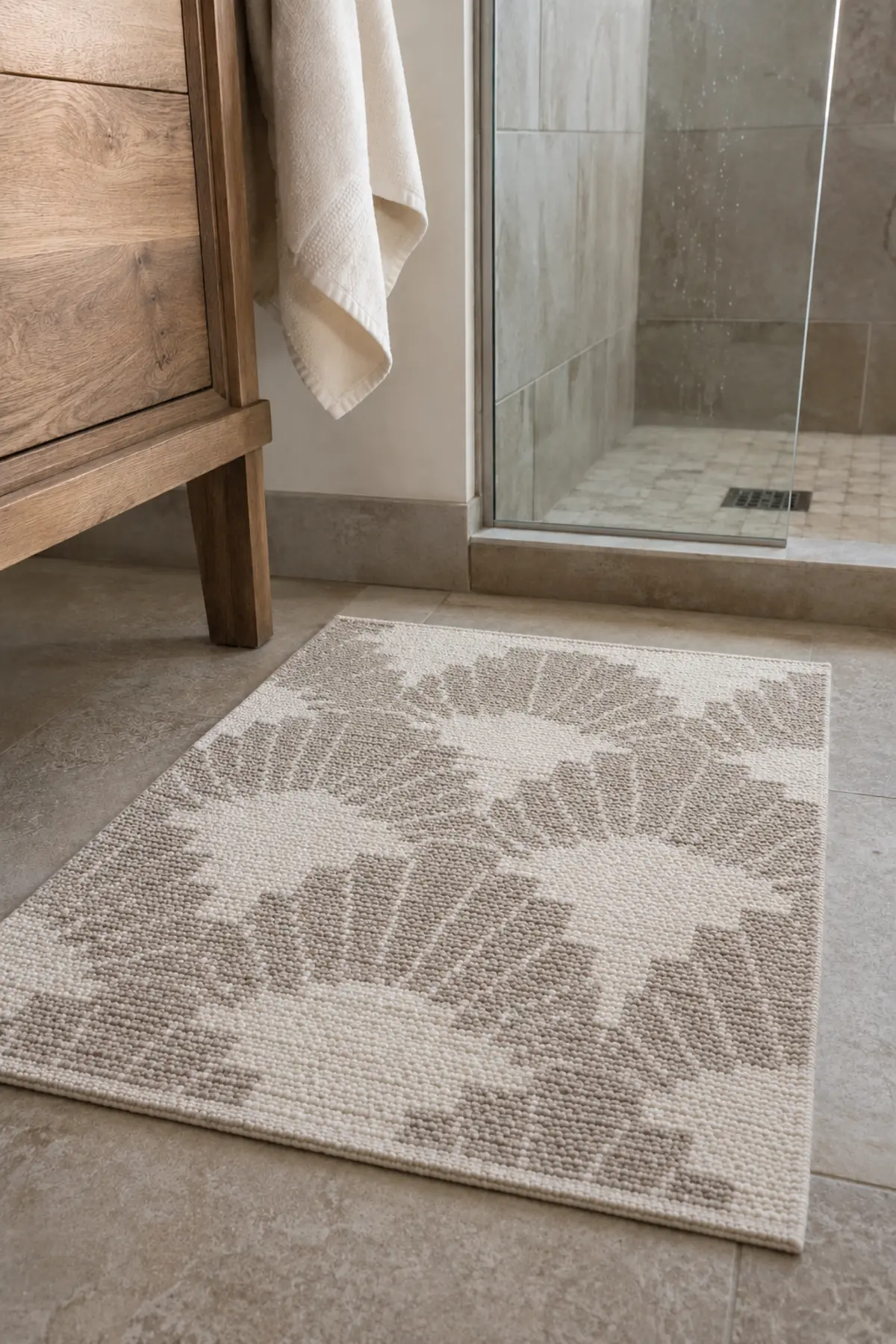 Flat cream-and-taupe geometric bathroom mat outside a glass shower on matte stone tile