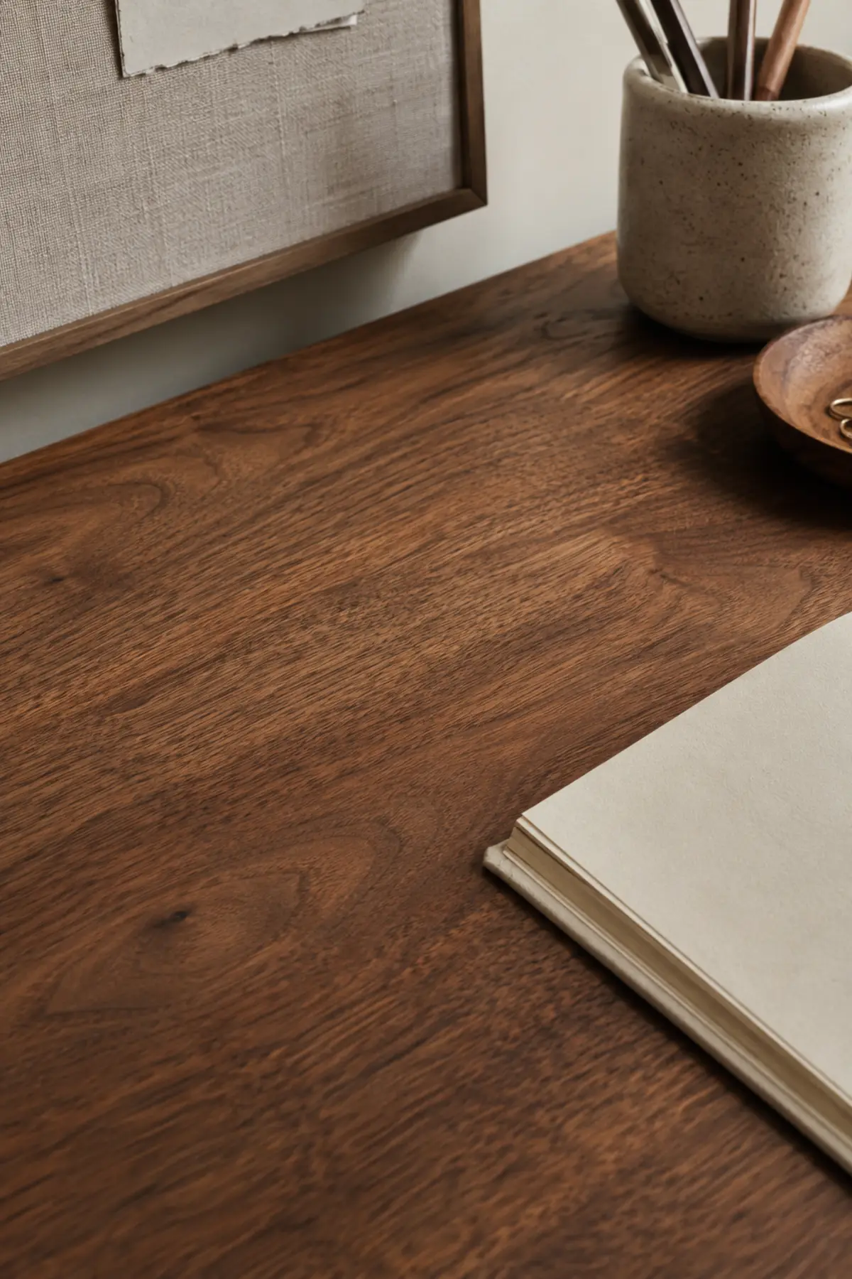 Close view of matte walnut grain beside a notebook, ceramic pencil cup and linen pinboard