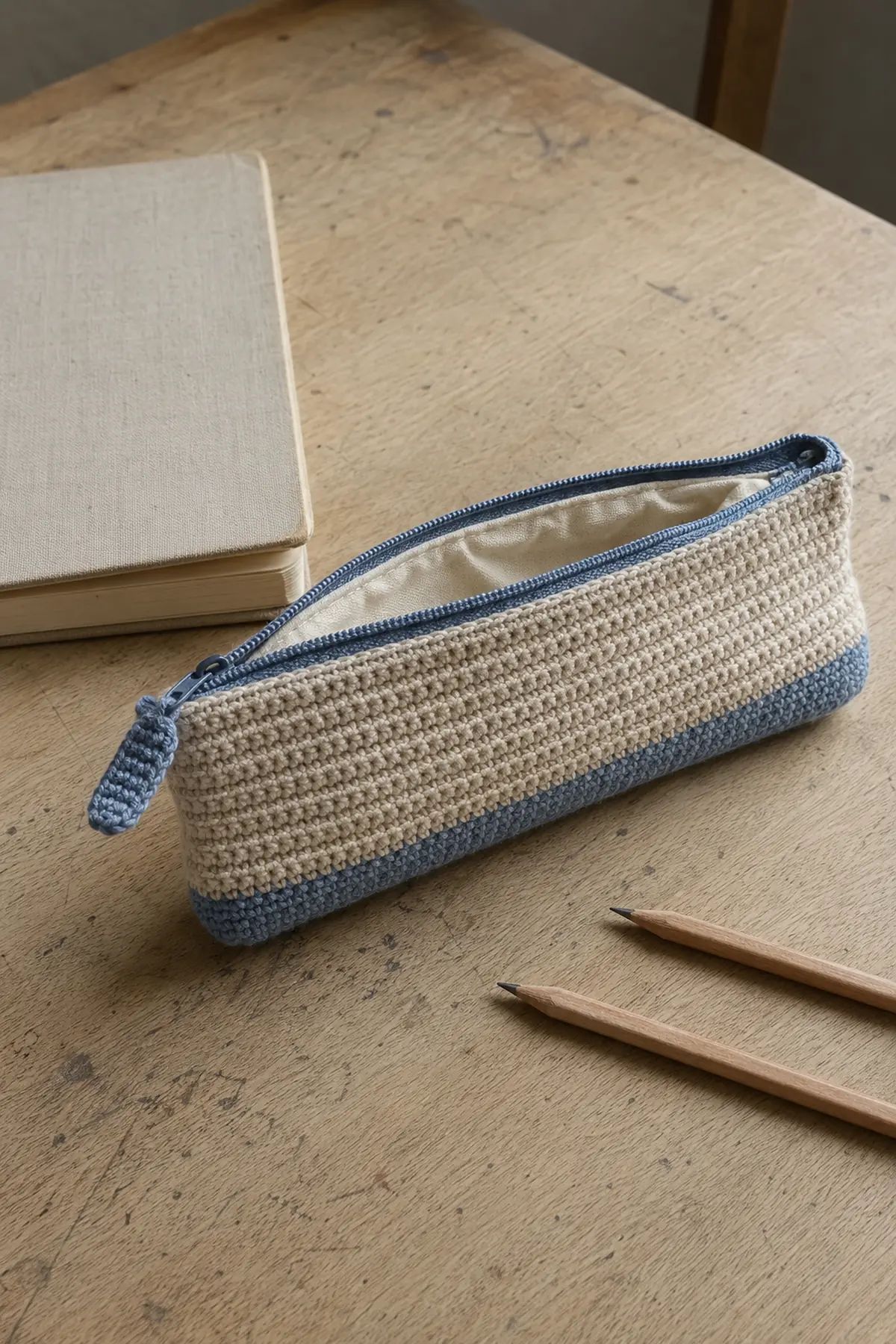 The Crochet Pencil Case Is Back—6 Styles That Are Actually Practical 2 Oat and dusty blue ribbed crochet pencil case with zipper and cream lining
