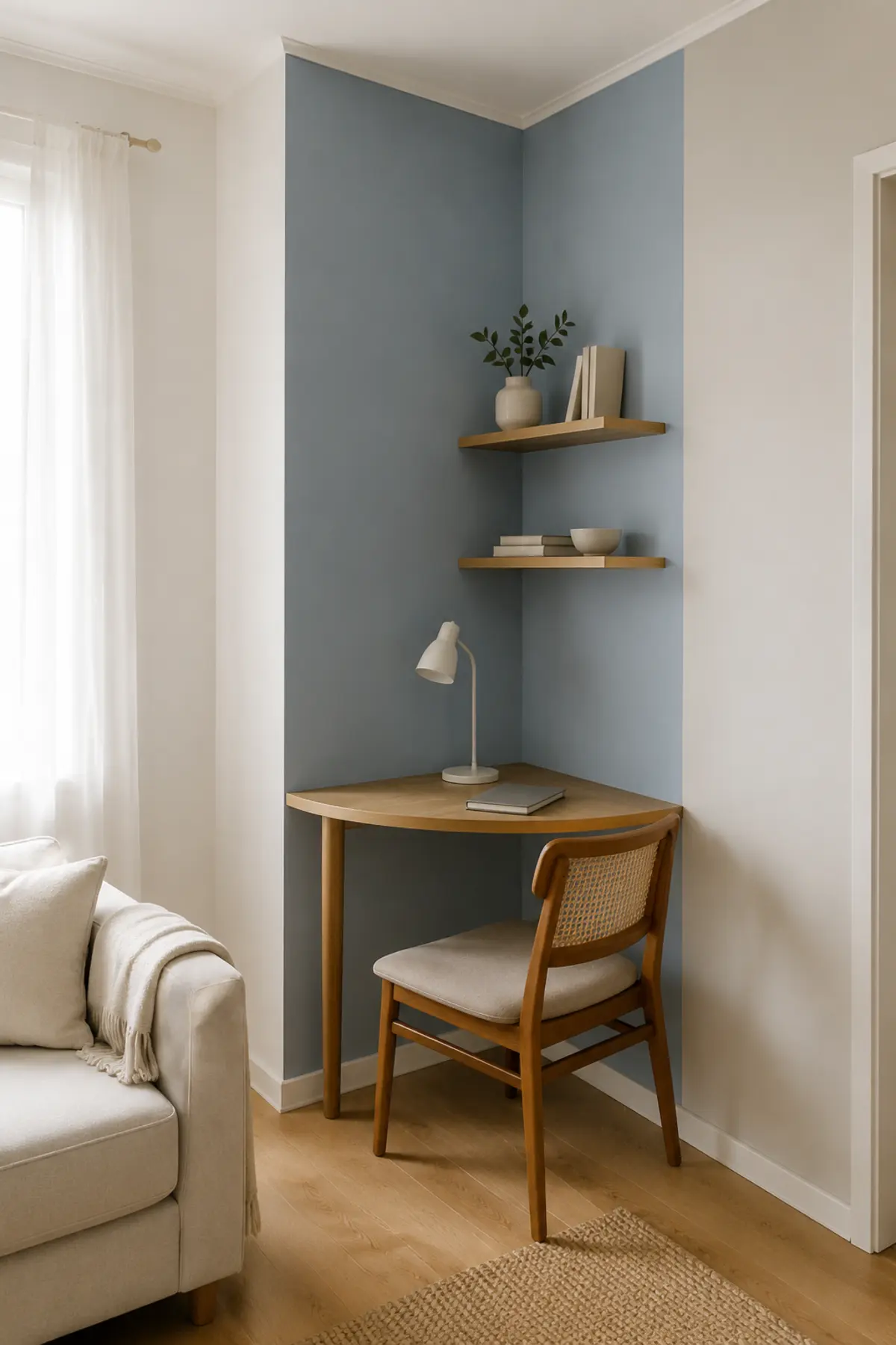 Tiny Study Corners Are Taking Over Pinterest—7 Desk Nook Ideas for Small Homes 4 Compact curved corner desk with floating shelves and a cane chair against a muted blue paint block