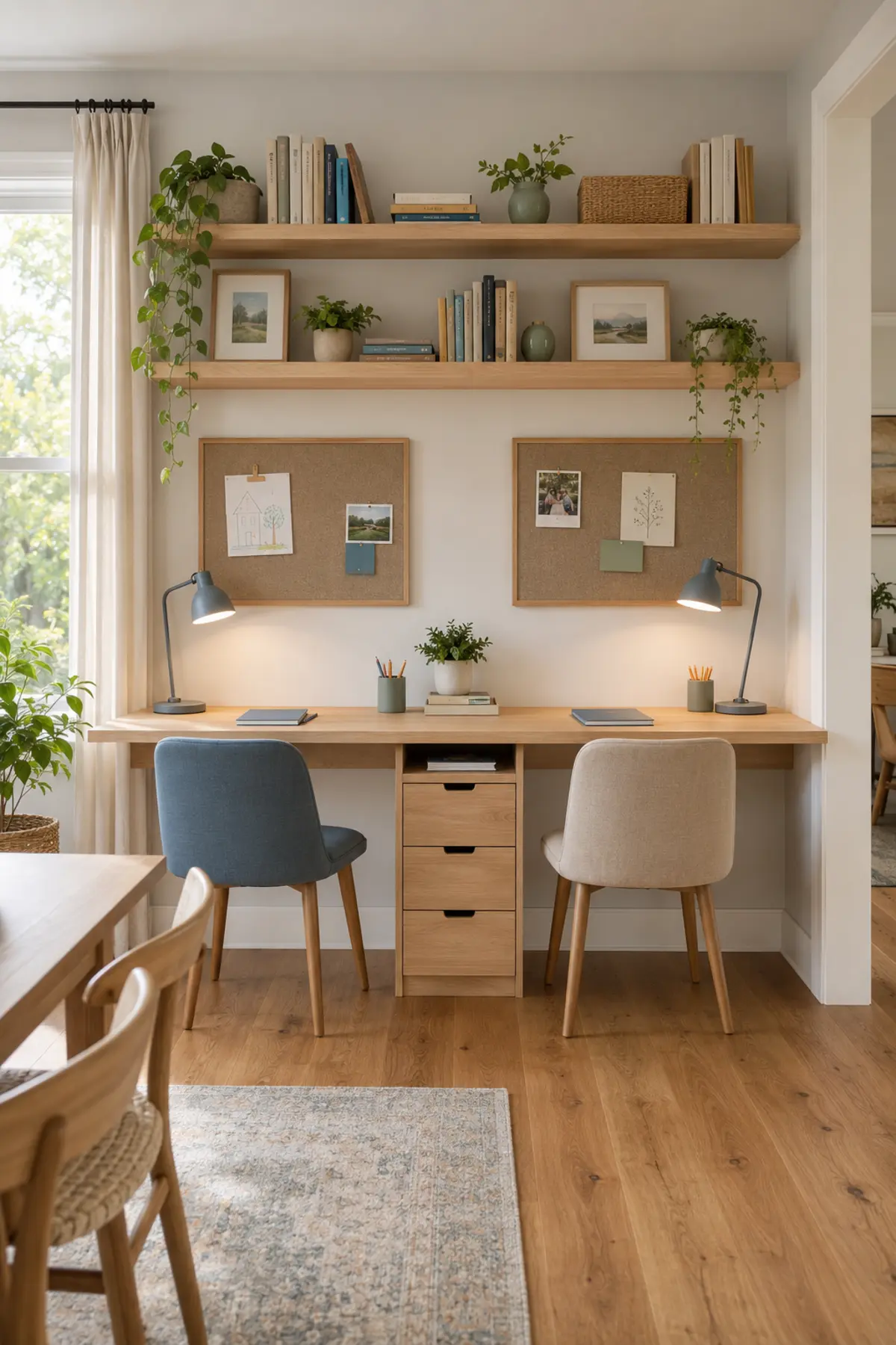 Tiny Study Corners Are Taking Over Pinterest—7 Desk Nook Ideas for Small Homes 8 Two-seat floating study desk with individual pinboards, task lamps and a central drawer unit