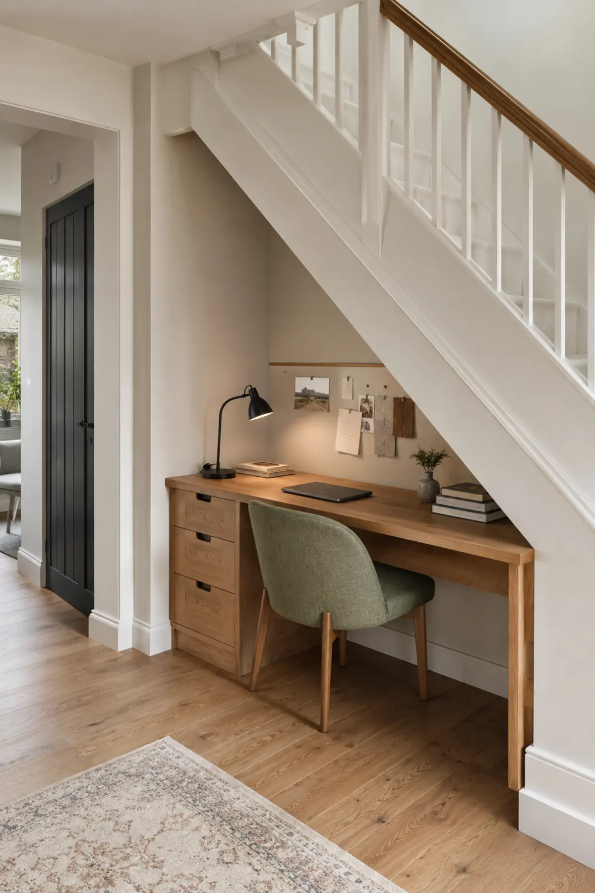 Tiny Study Corners Are Taking Over Pinterest—7 Desk Nook Ideas for Small Homes 6 Under-stairs study nook with an oak desk, drawers, sage chair and angled pin rail